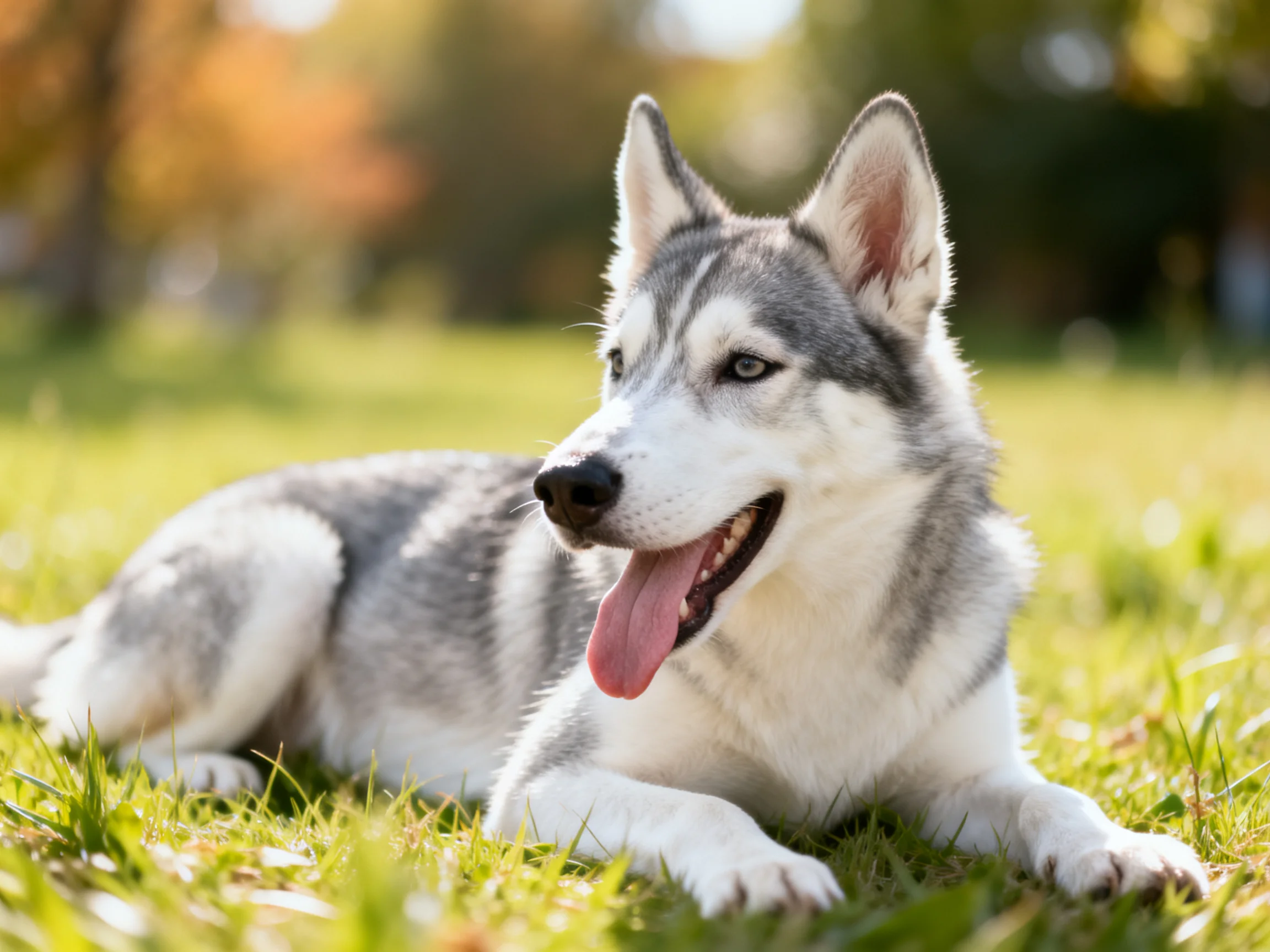 A gray-and-white husky lounges on sunlit grass in a park