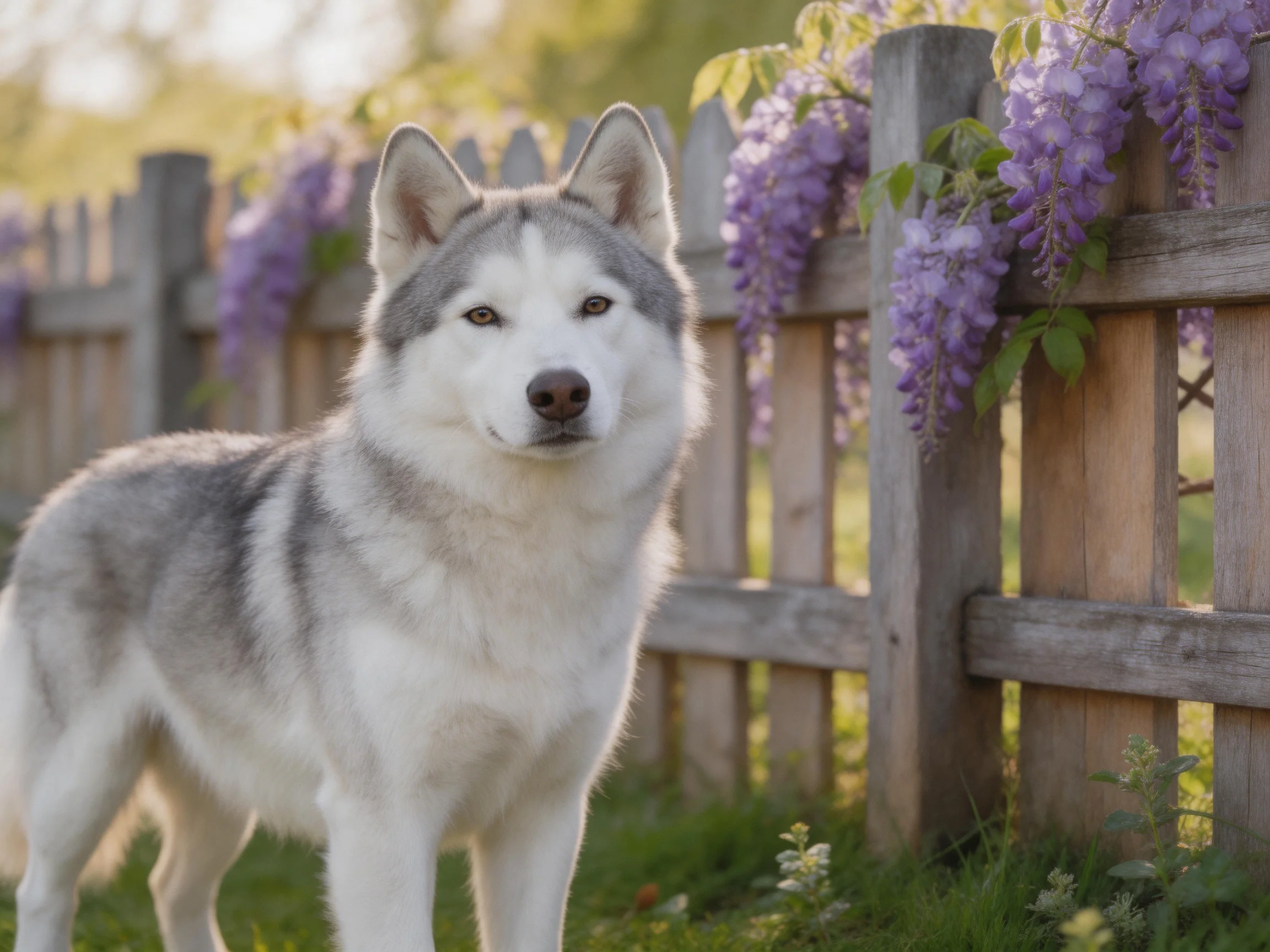 A gray-and-white husky stands beside a wooden fence with purple flowers.