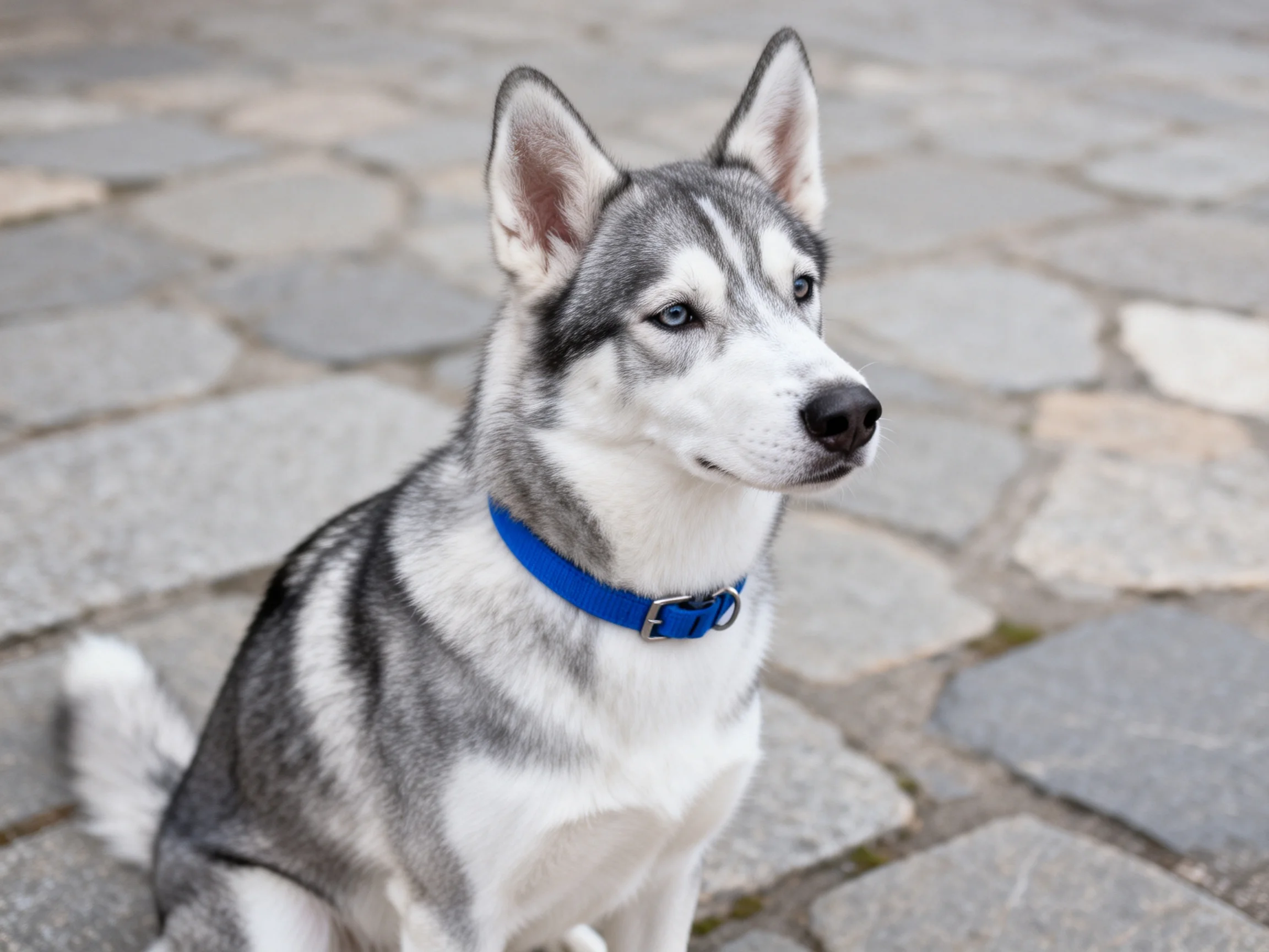 A gray-and-white husky puppy with a blue collar sits on stone pavement.