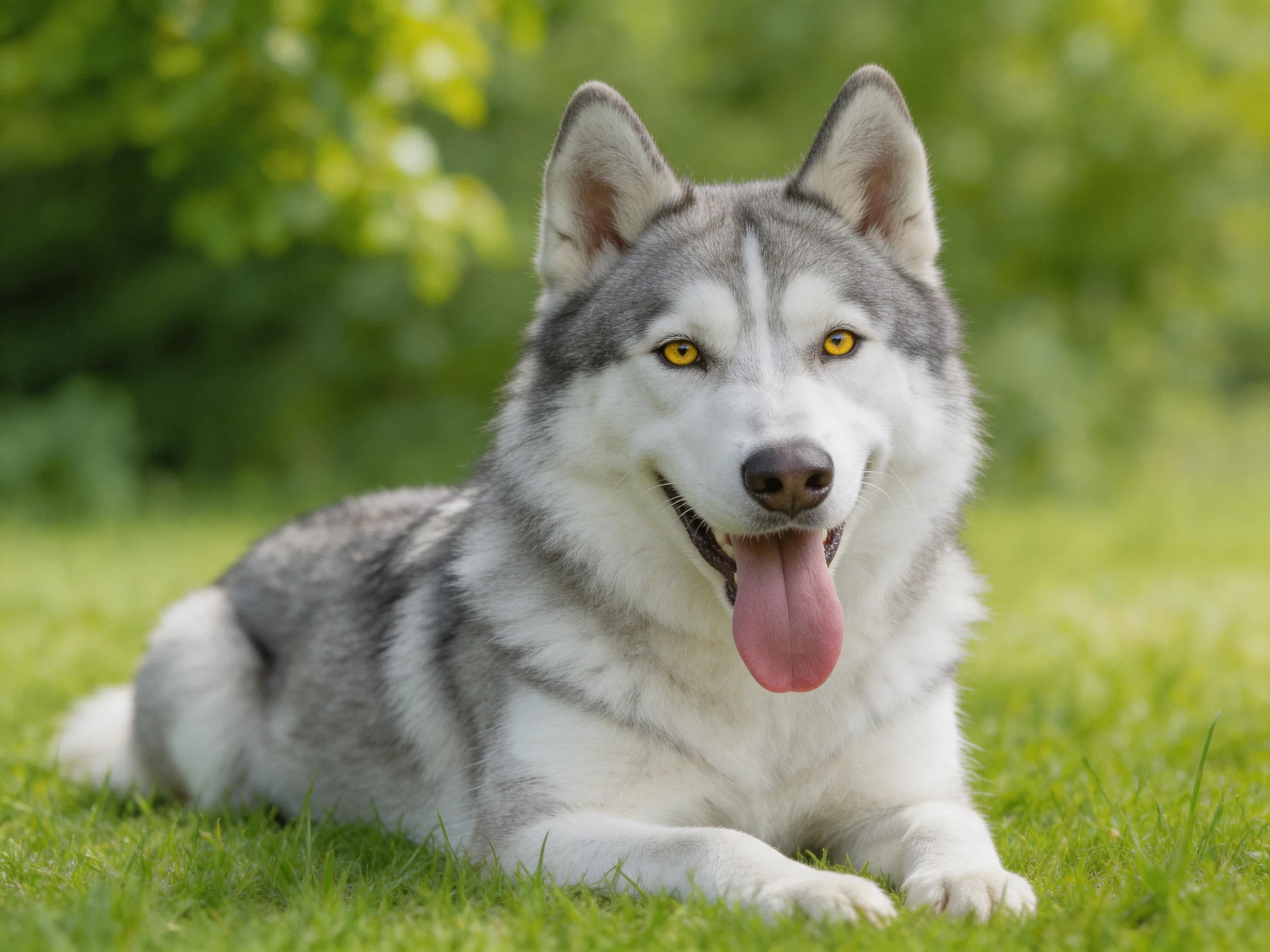 A gray-and-white husky rests contentedly on vibrant green grass