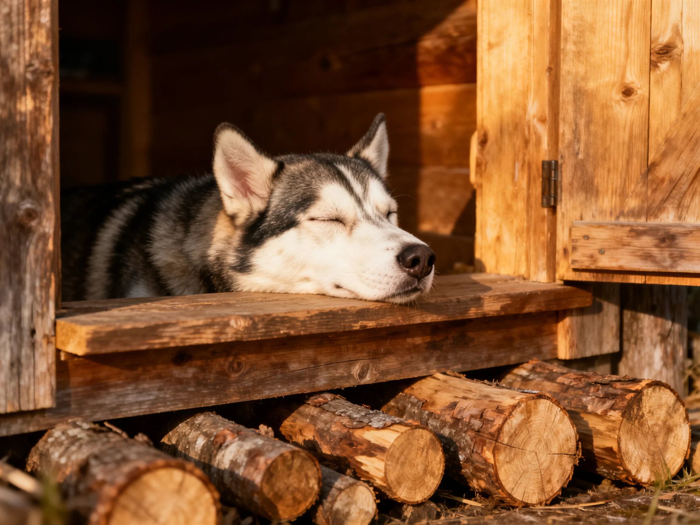 A gray-and-white husky sleeps peacefully beside stacked firewood outside a wooden shelter.