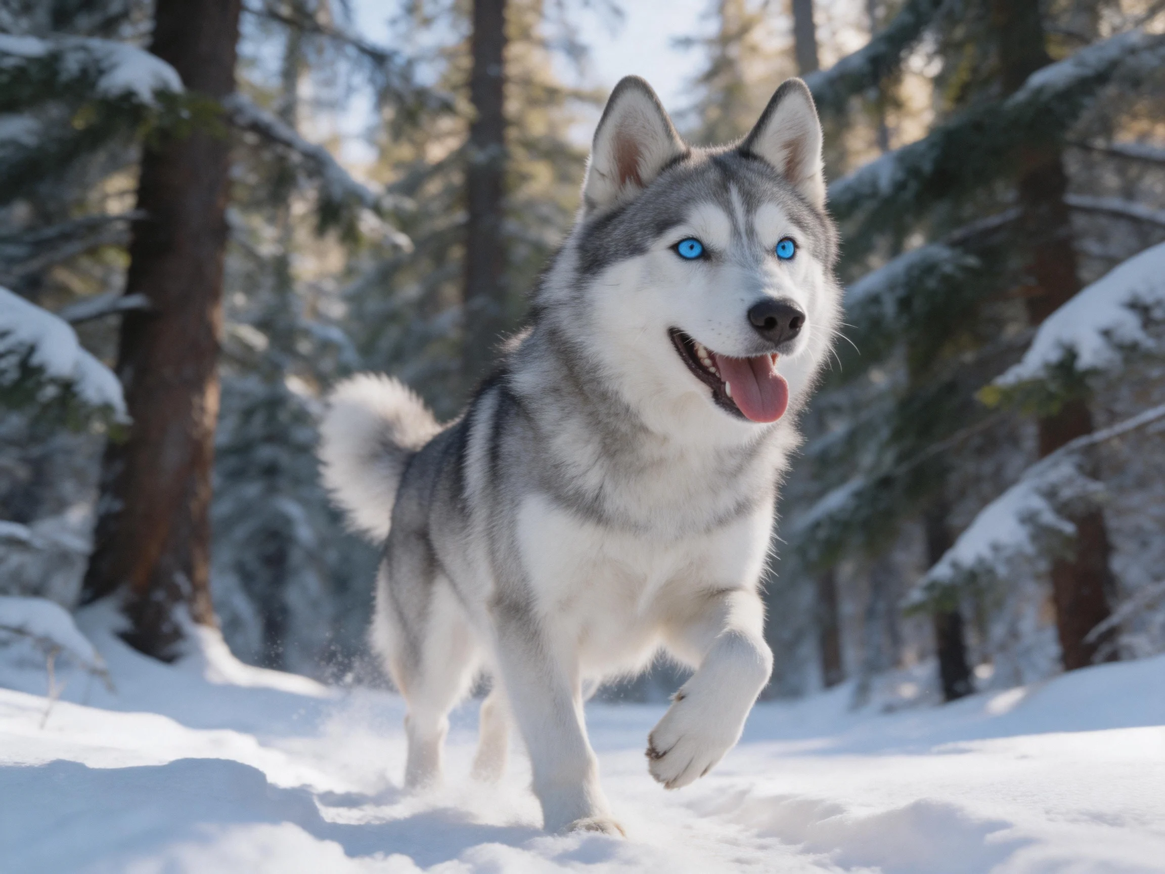 A gray-and-white husky runs through a snow-covered forest