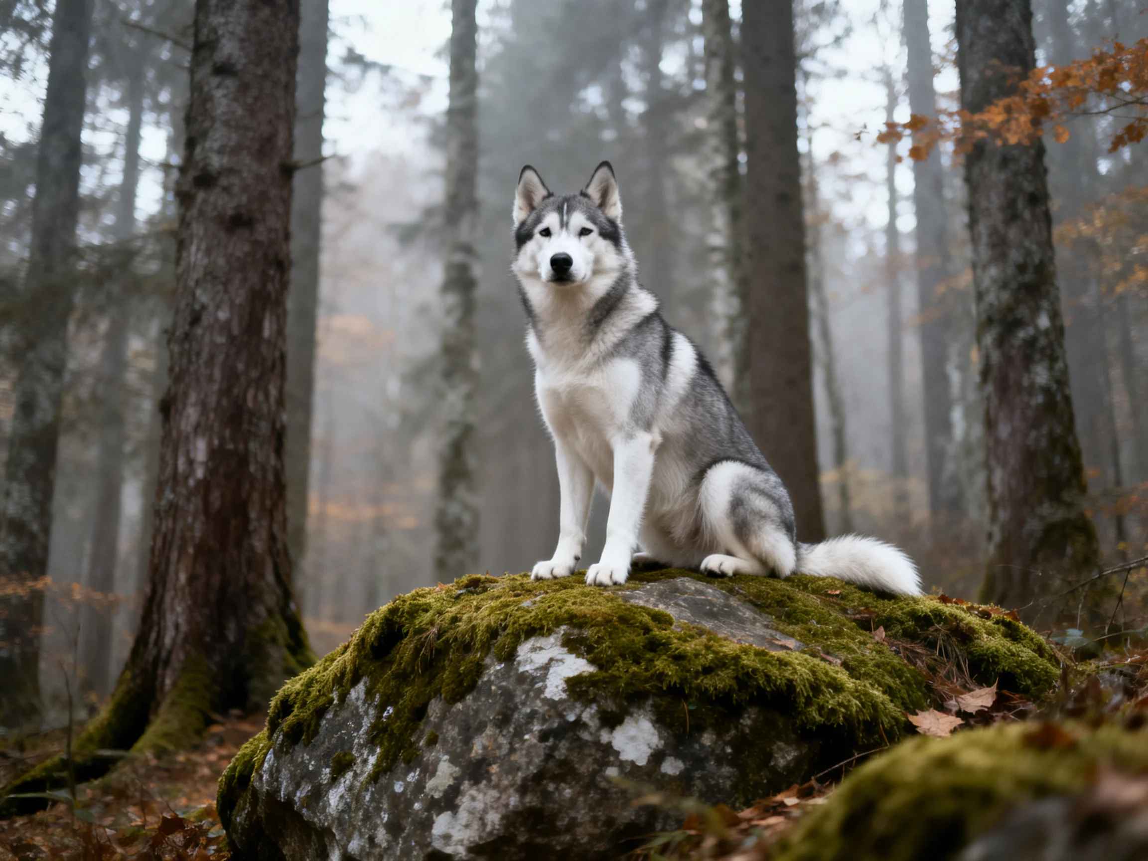 A gray-and-white husky sits atop a moss-covered forest rock