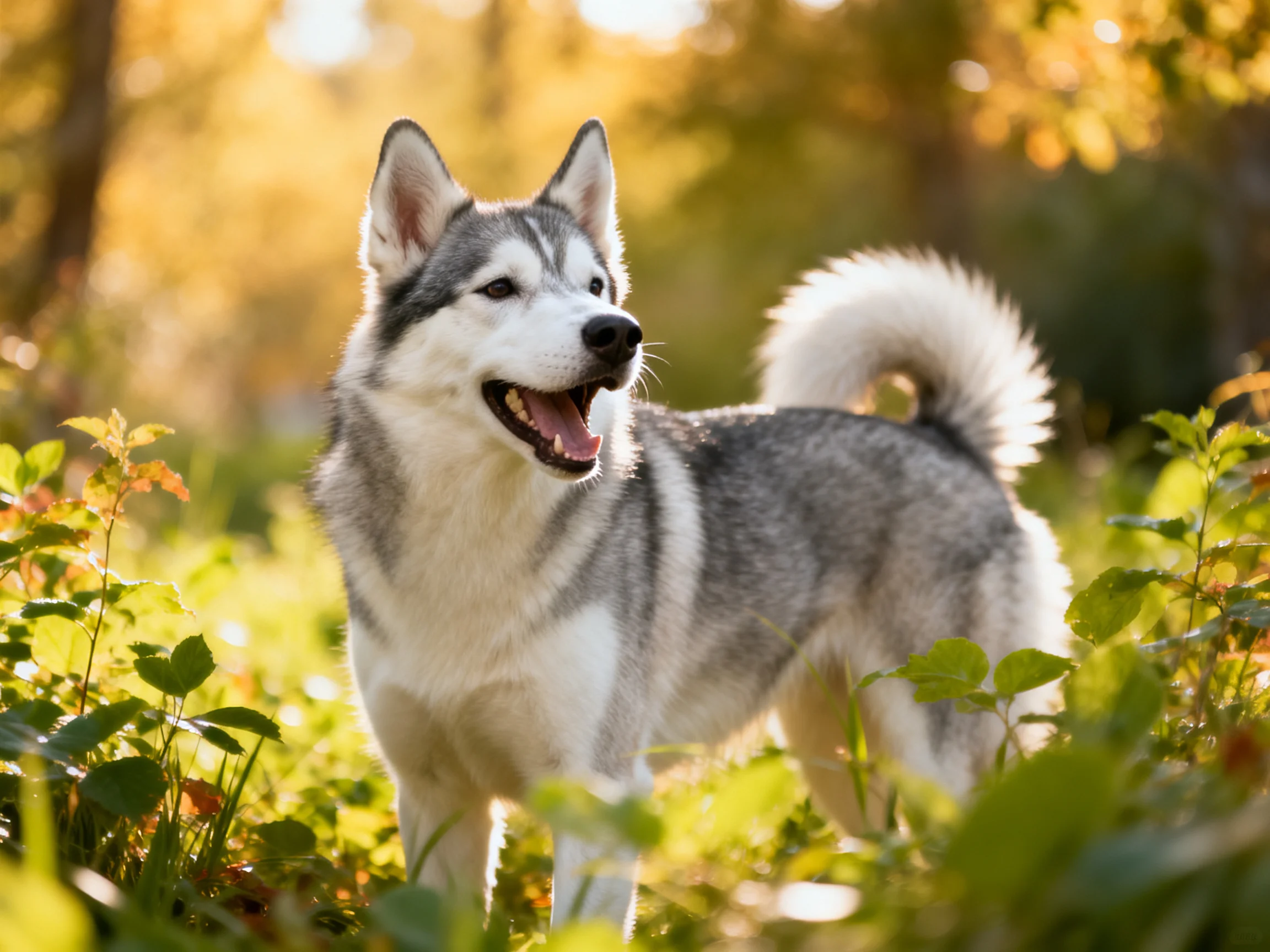 A gray and white husky enjoys a sunny day surrounded by green foliage.