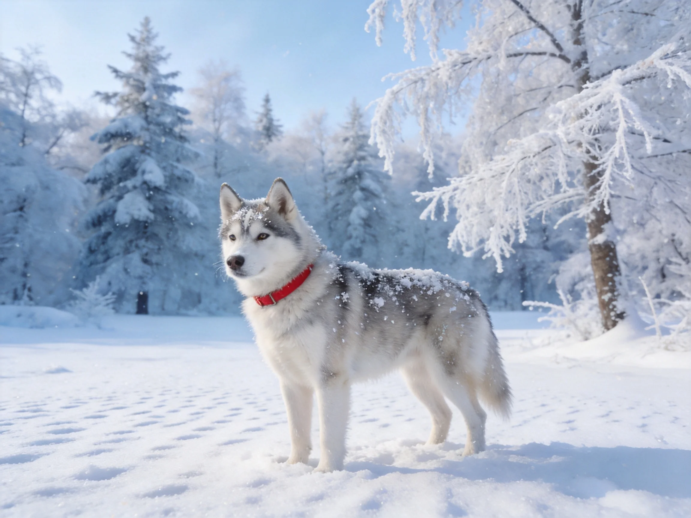 A gray-and-white husky stands in a snow-draped forest with frosty trees