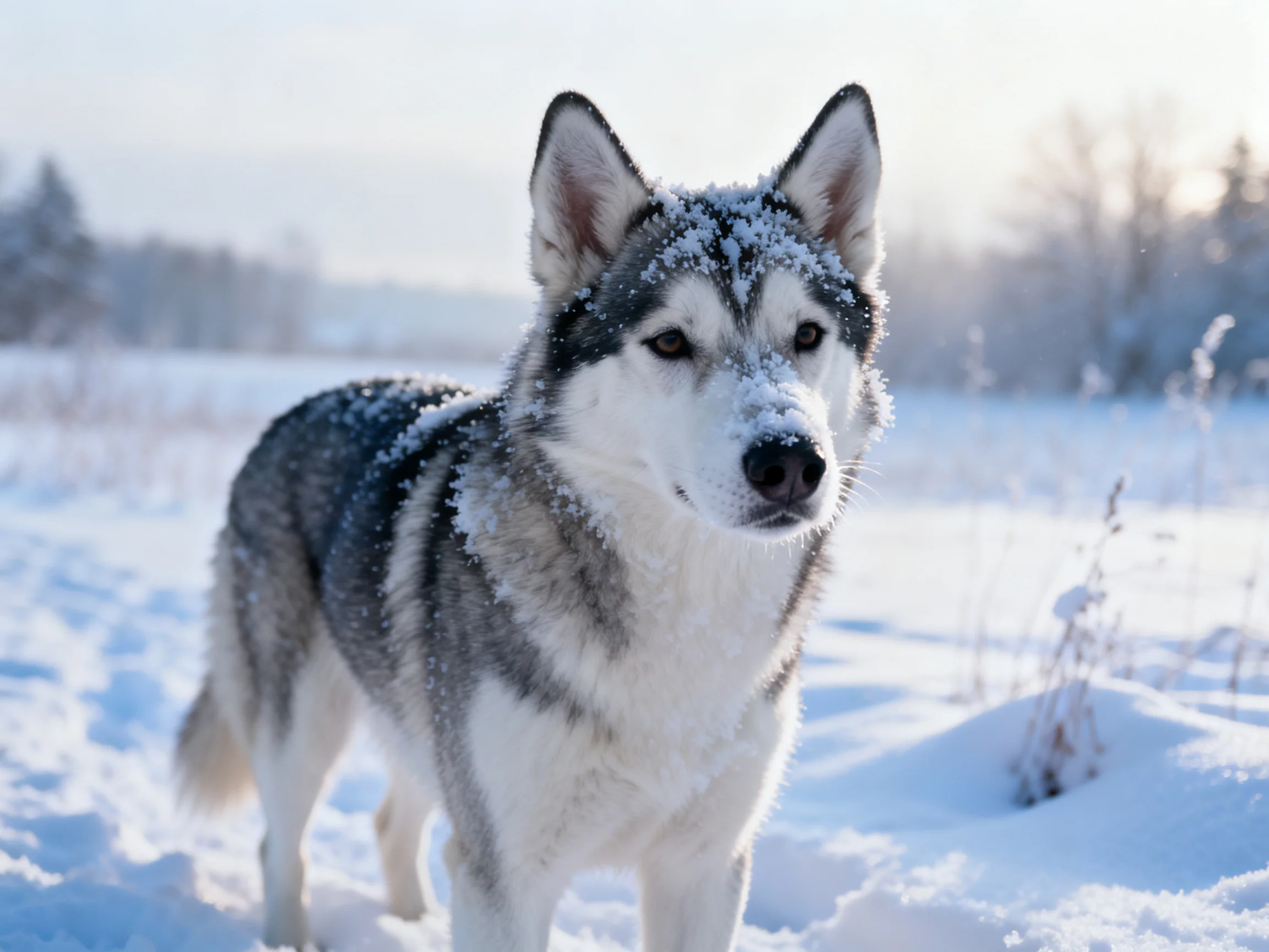 A husky with snow on its coat stands in a bright winter field