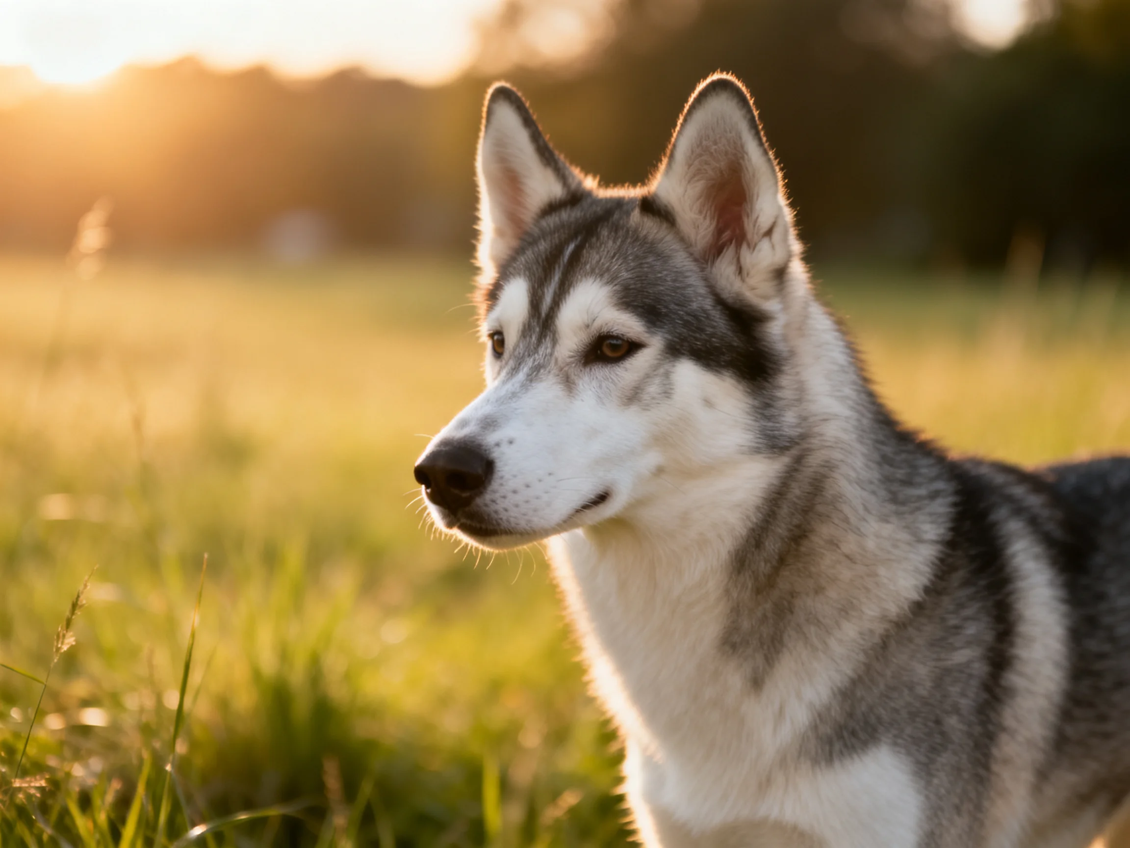 A gray and white husky gazes calmly in a sunlit meadow.