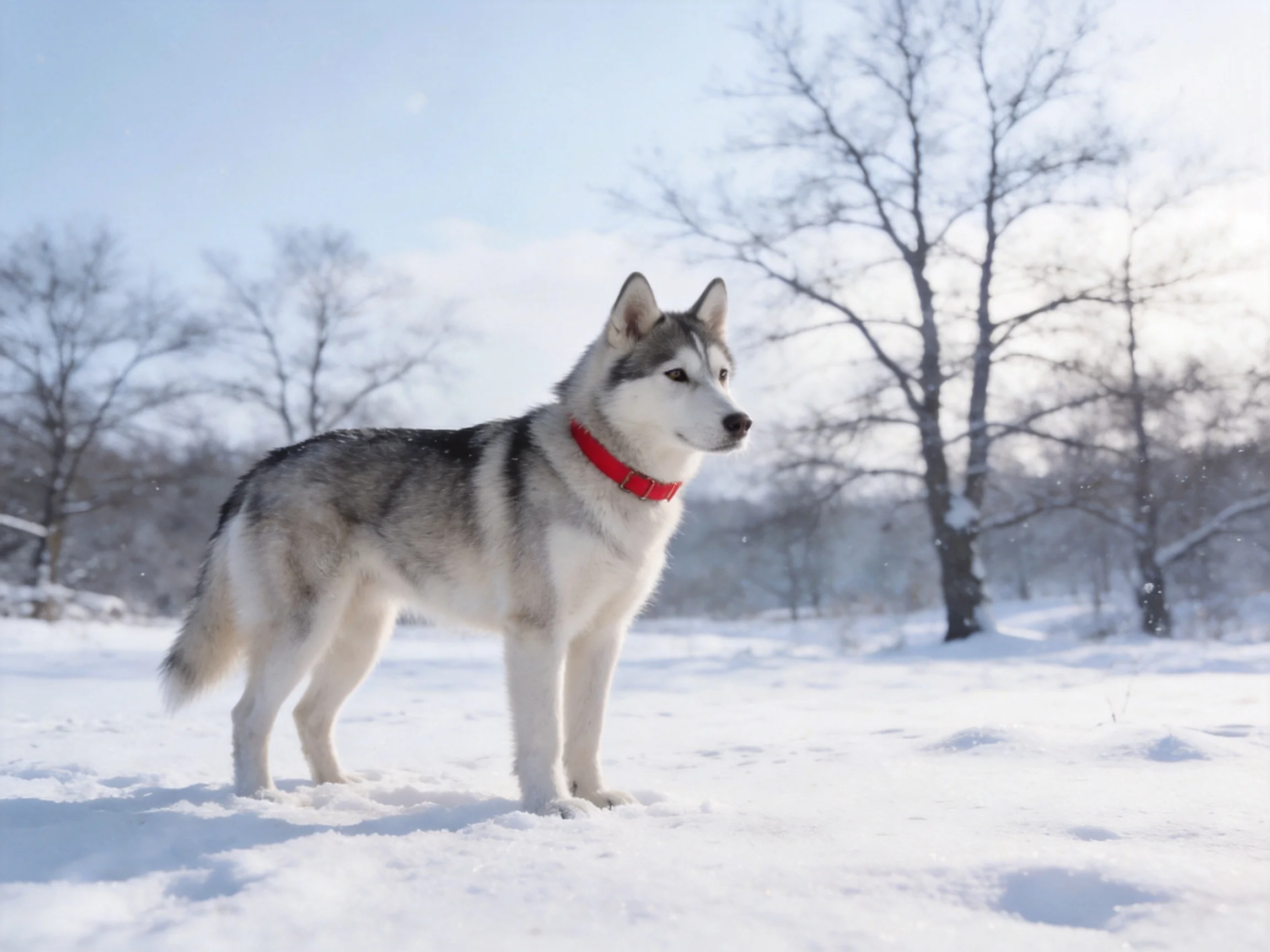 A gray-and-white husky with a red collar stands in a snowy landscape.