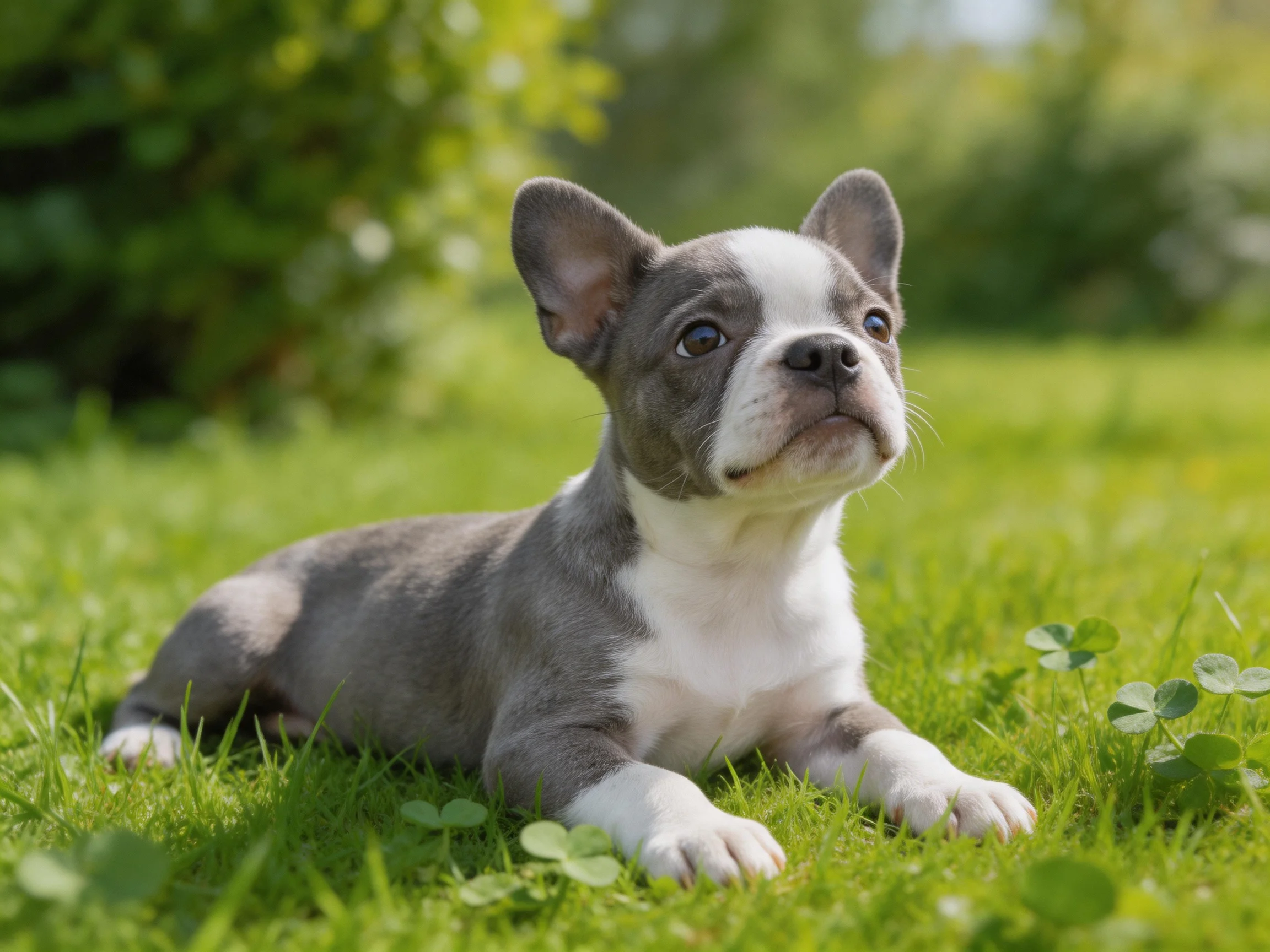 A gray and white puppy lounges on lush green grass