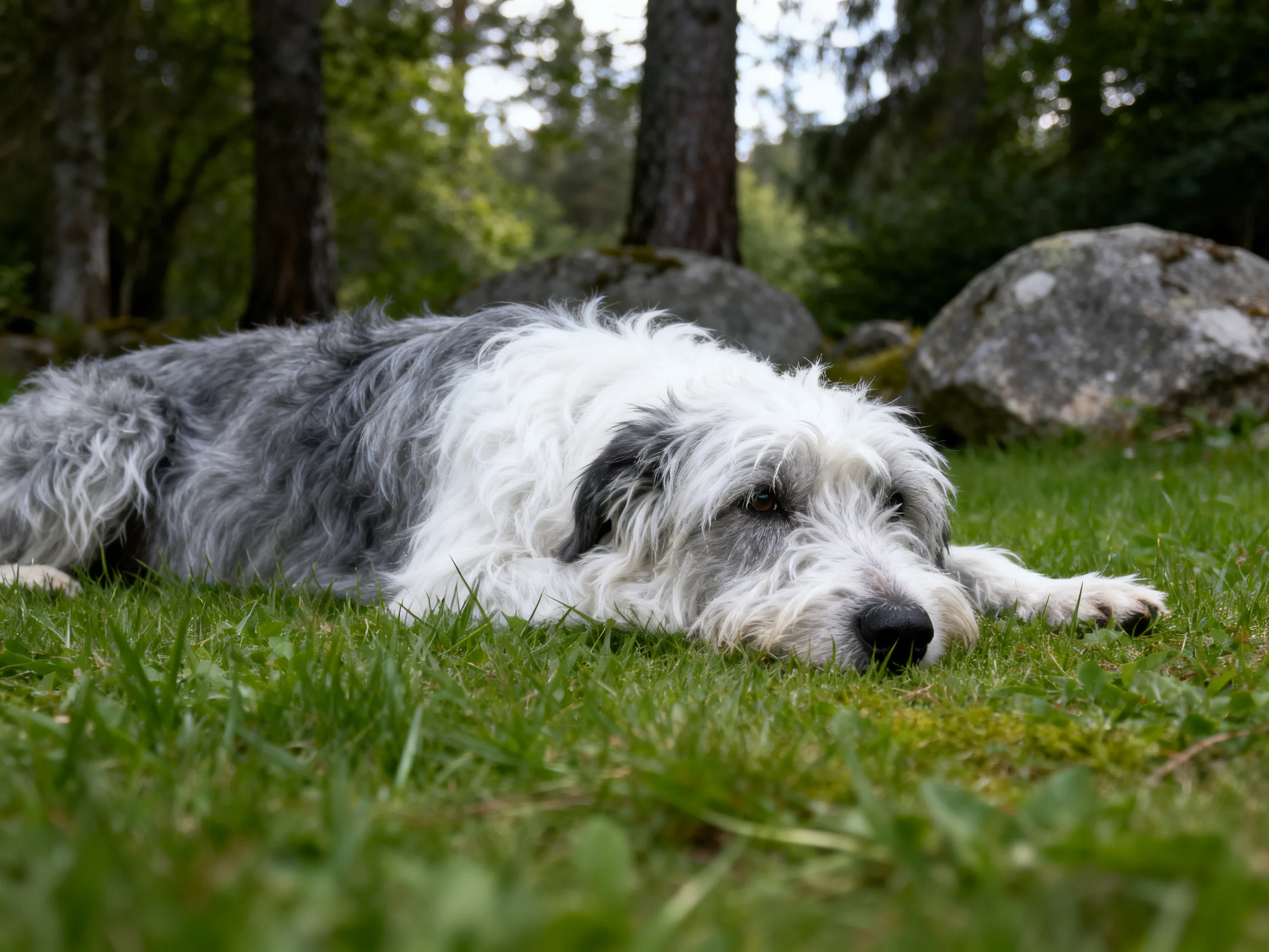 A gray and white shaggy dog relaxes on grass near rocks and trees.