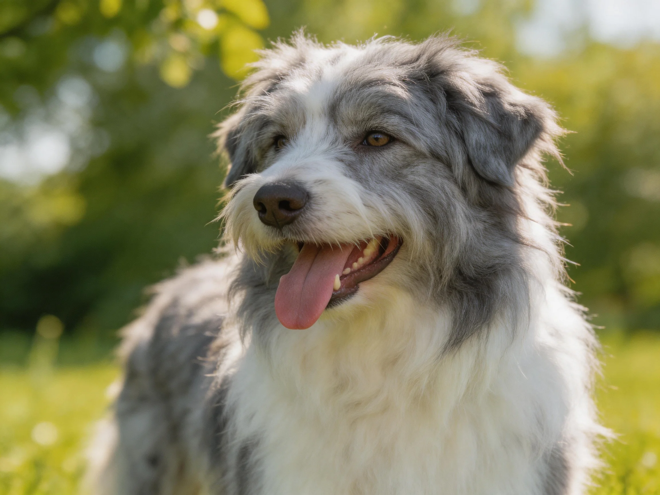 A gray-and-white dog enjoys the sunshine in an outdoor meadow.