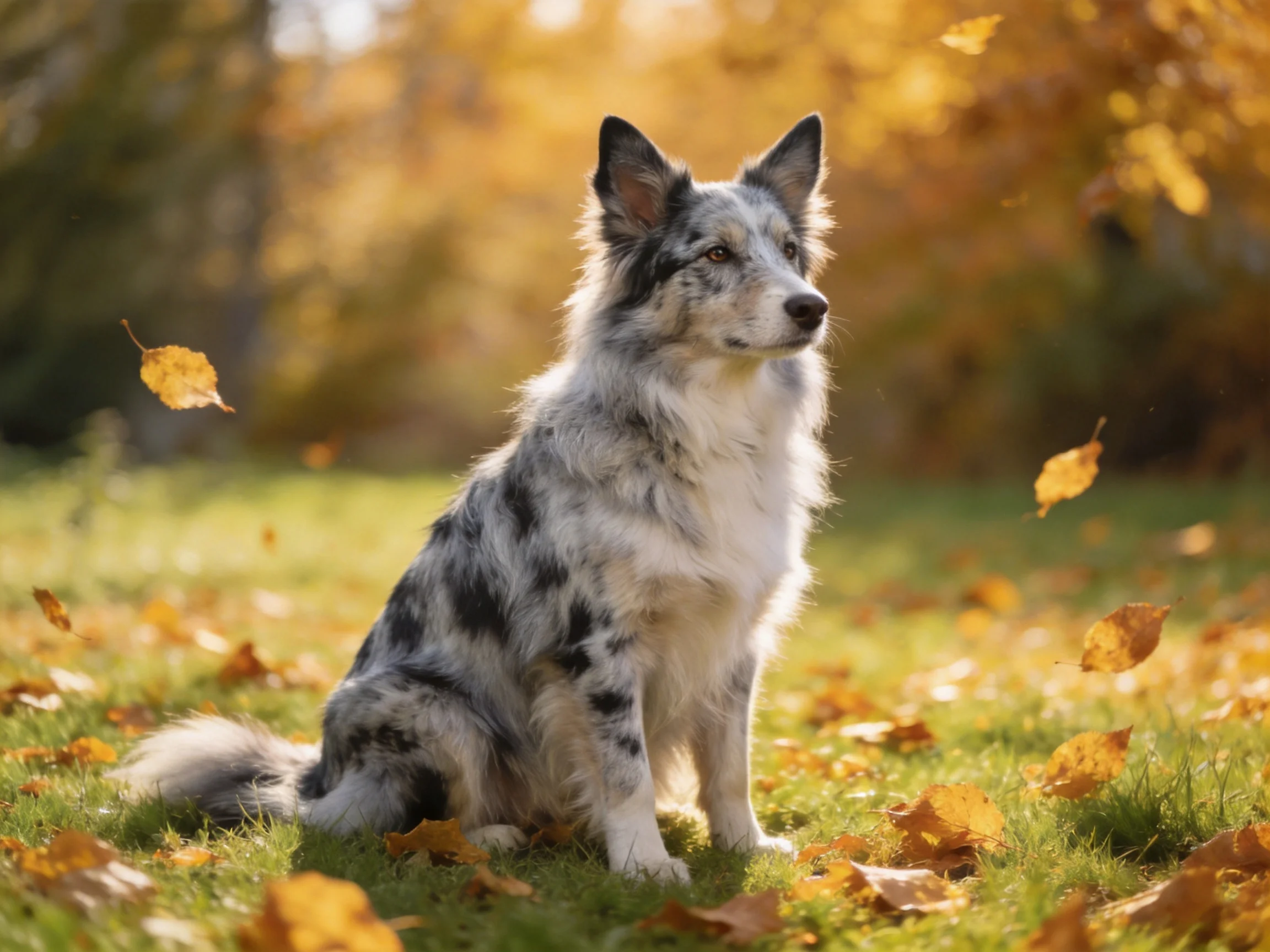A gray and white speckled dog sits amid falling autumn leaves