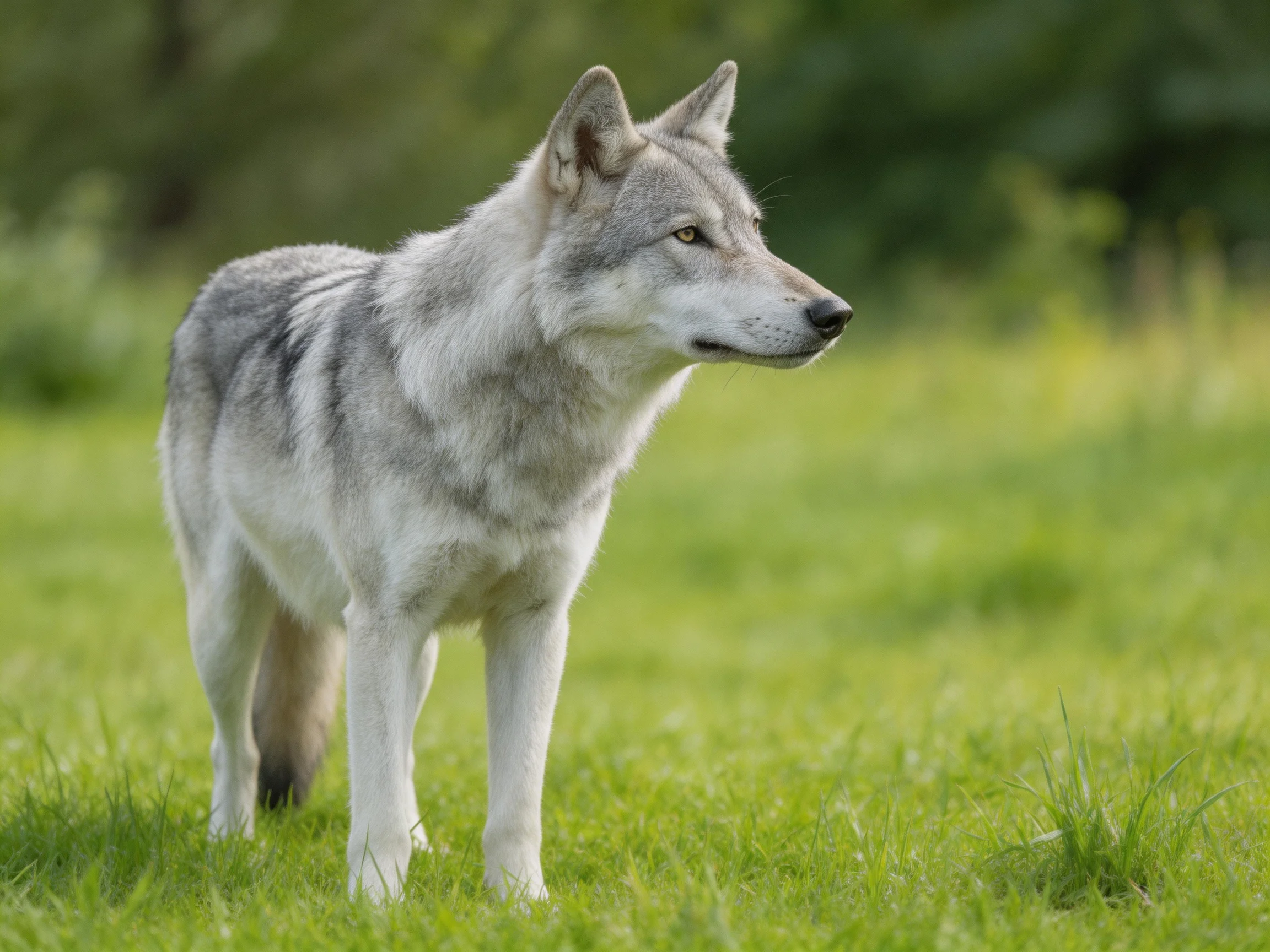 A gray and white wolf stands in a lush green meadow