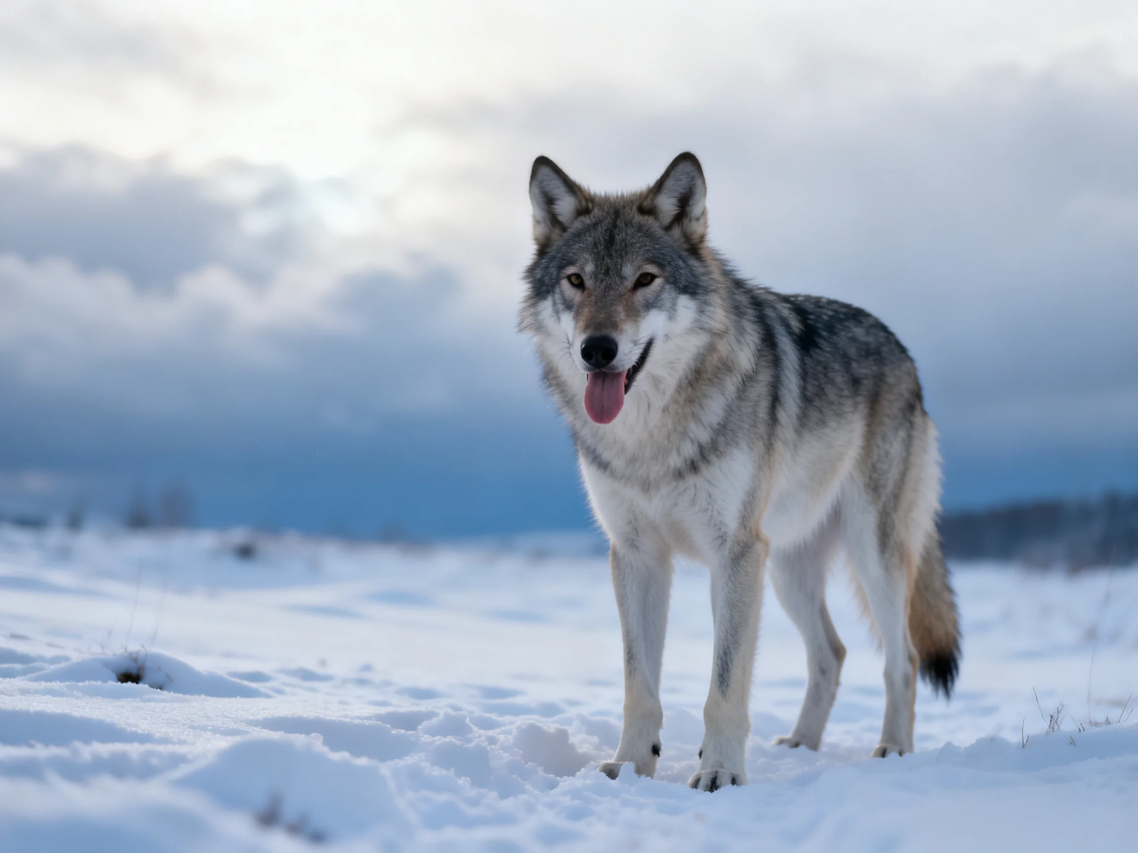 A gray and white wolf stands in a snowy field under cloudy conditions.