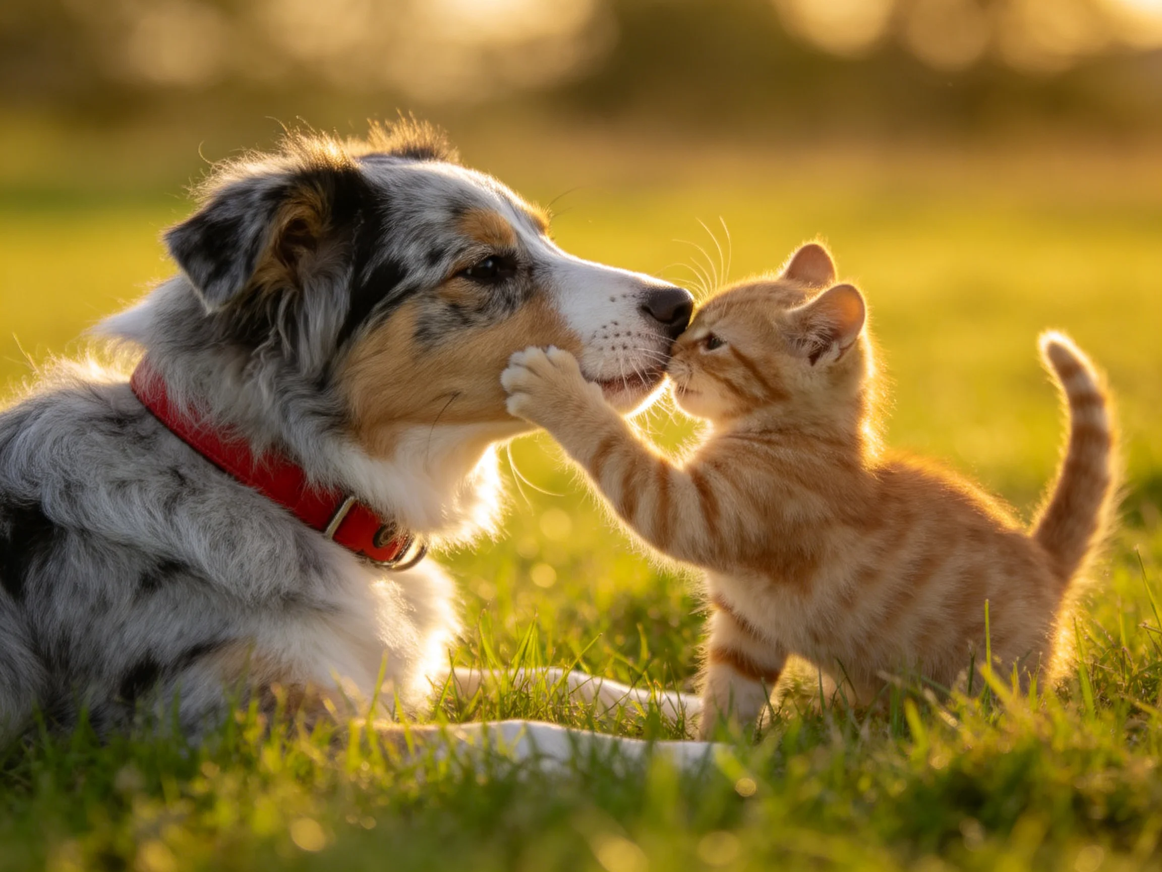A dog and a kitten share a moment outdoors