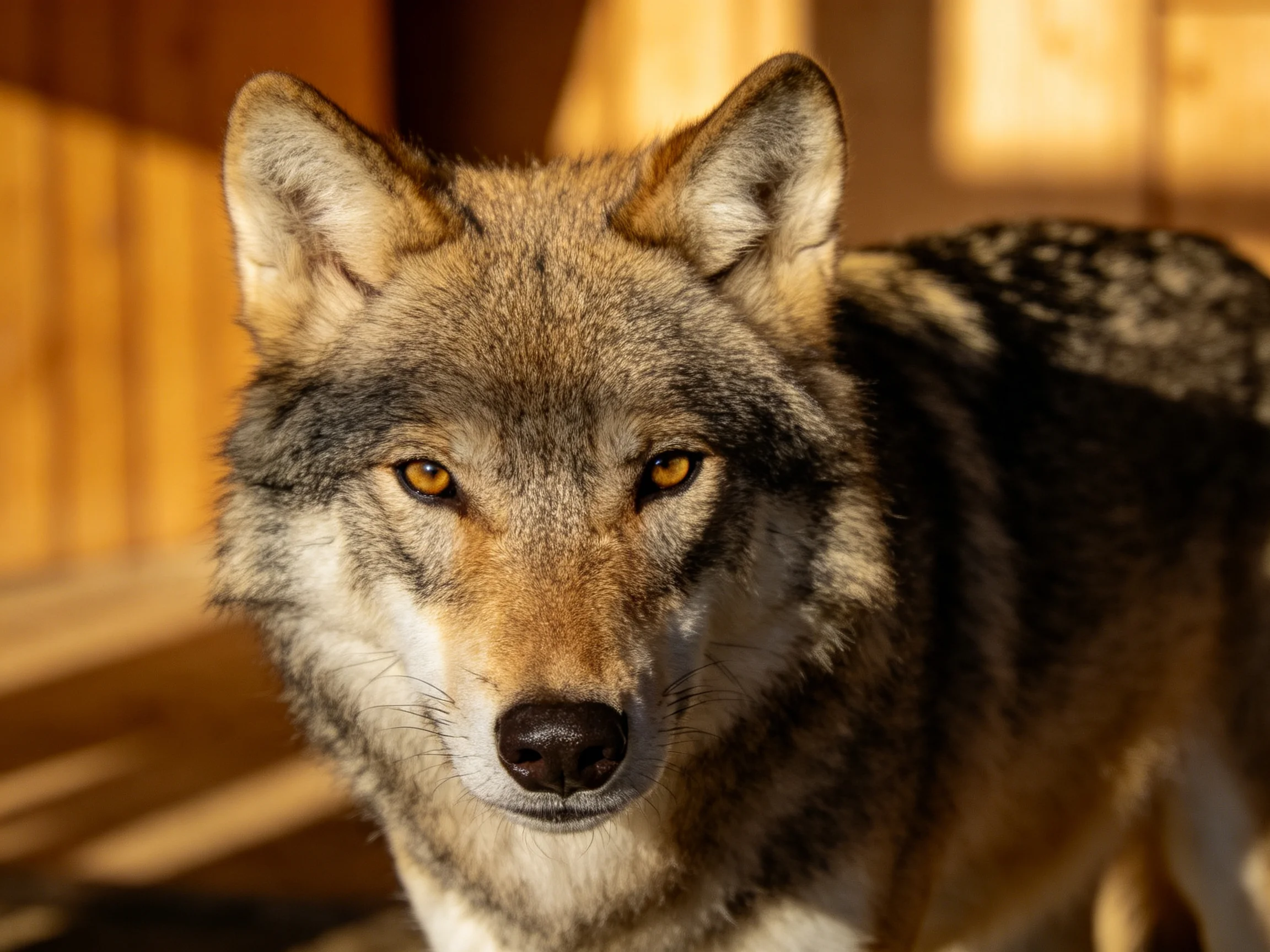 A gray-brown wolf with amber eyes near wooden structures