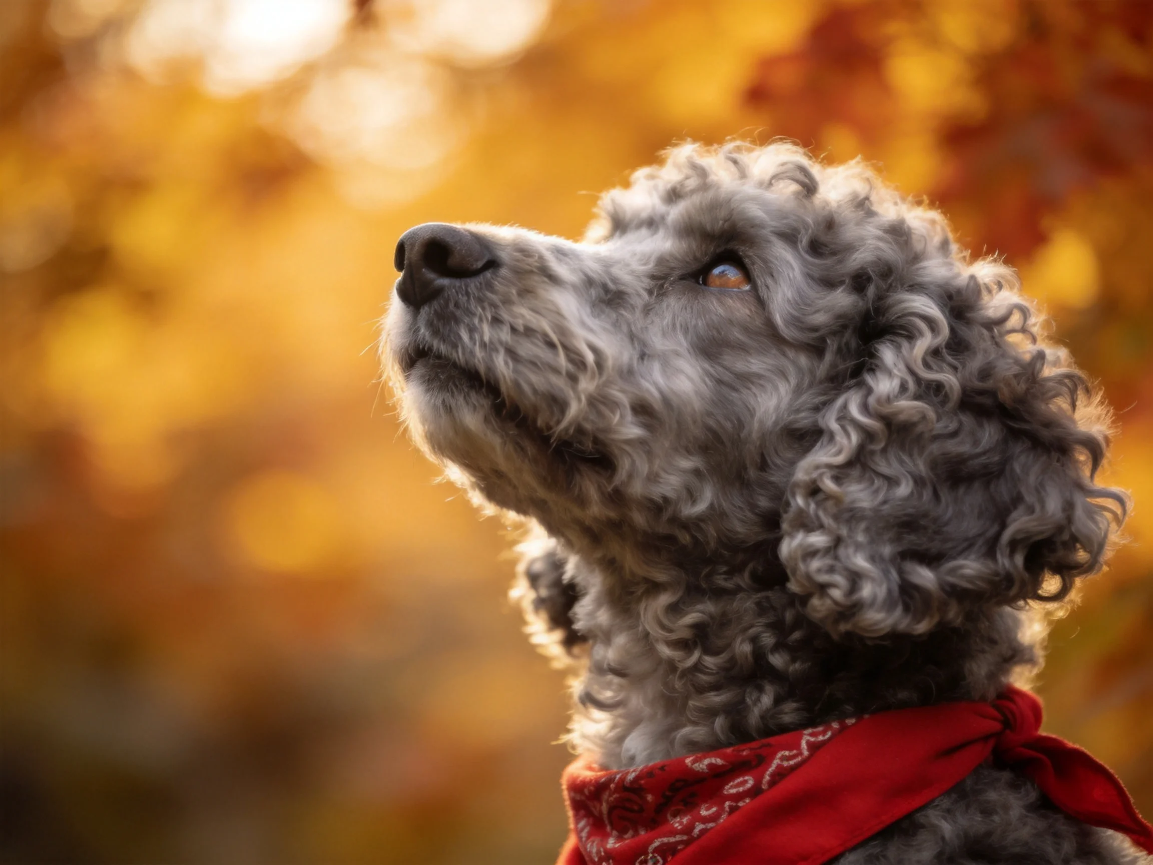 A gray curly-coated dog with a red bandana amid autumnal trees