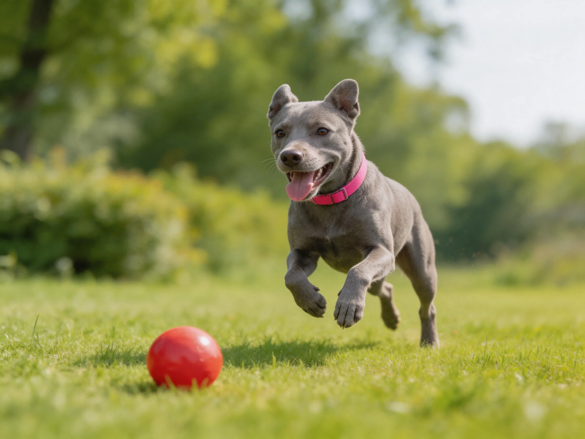 A gray dog chases a bright red ball on lush green grass