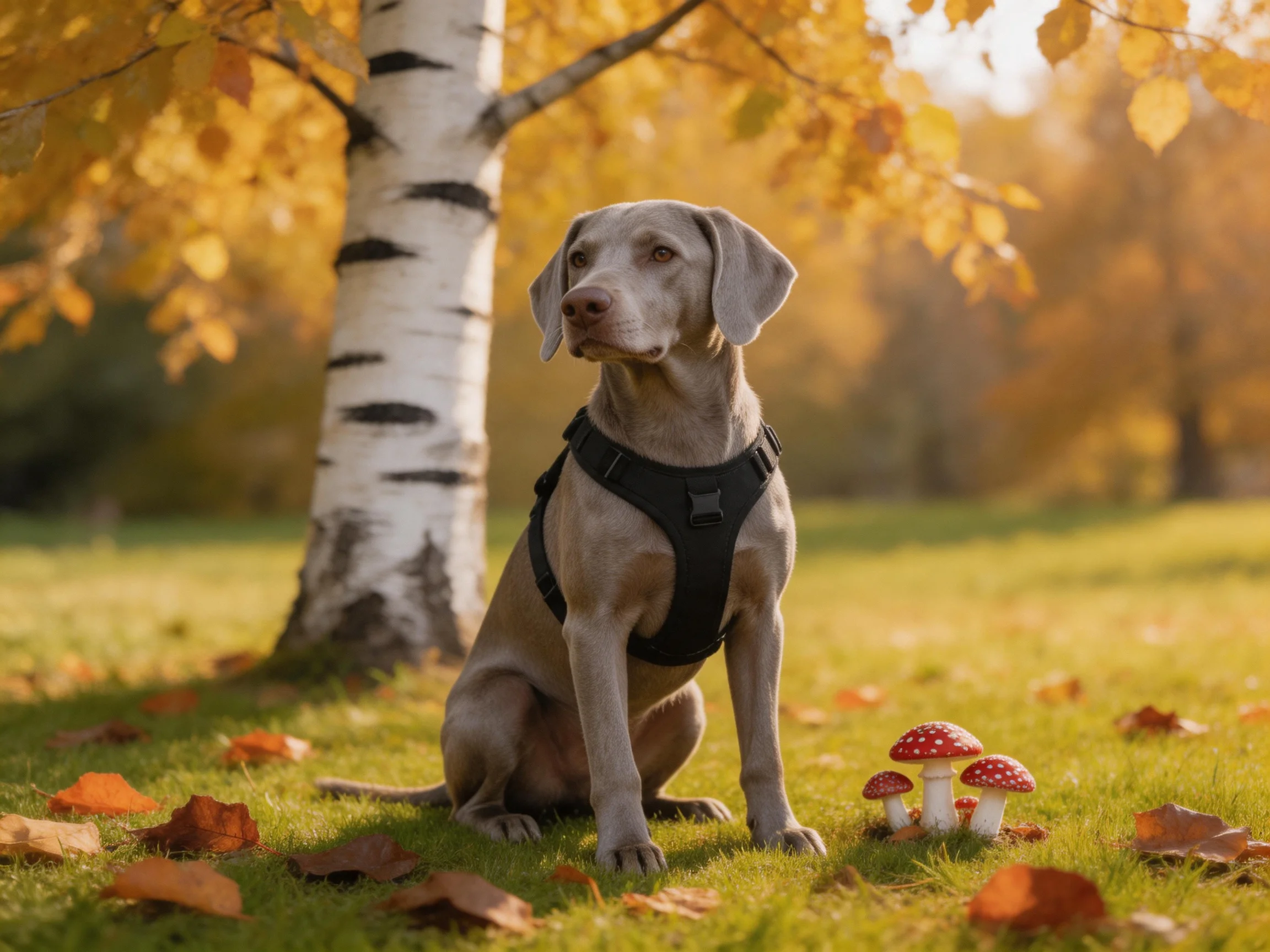 A gray dog in harness sits near red-capped mushrooms by a white birch tree