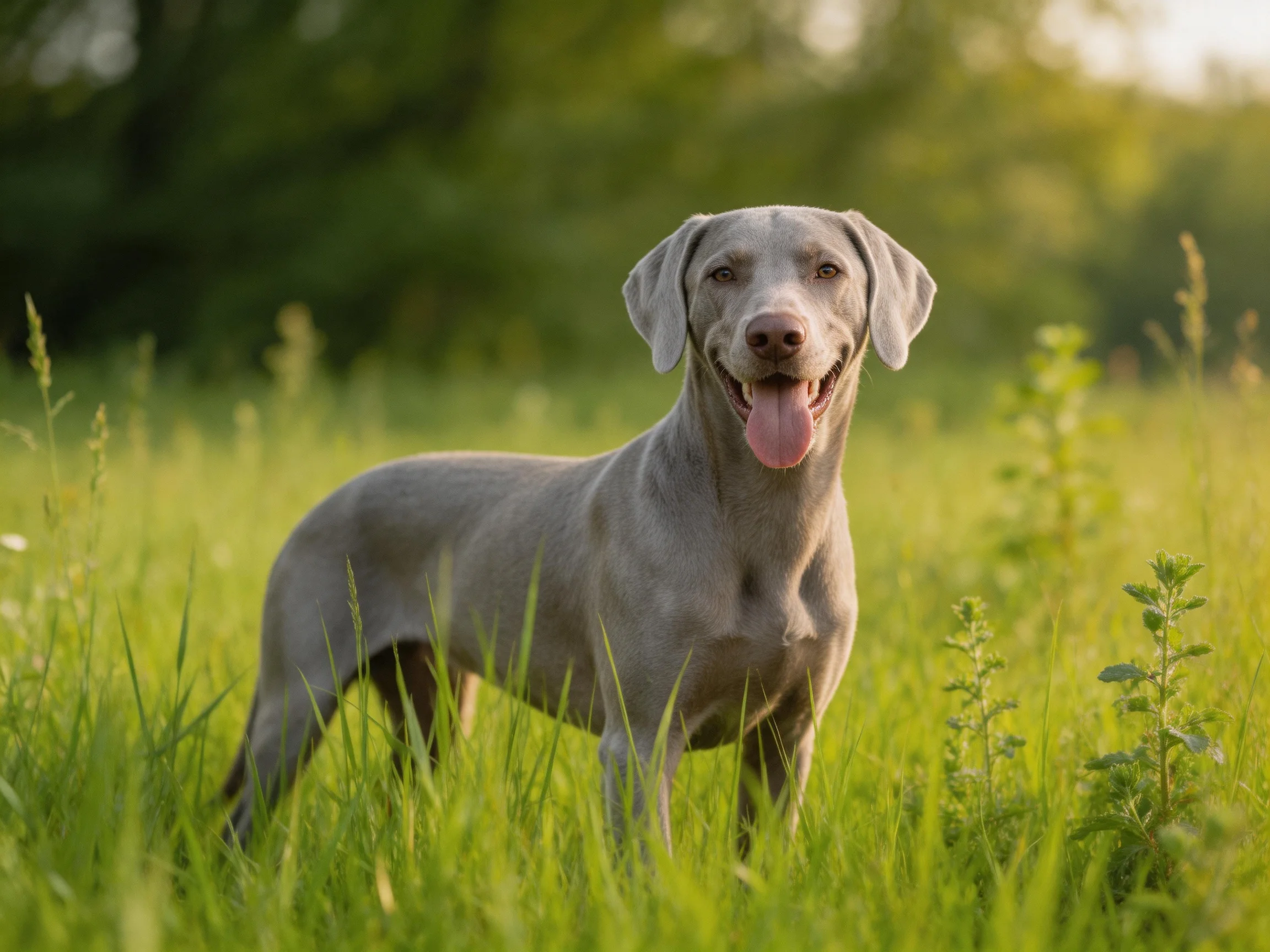 A gray dog in sunlit tall green meadow