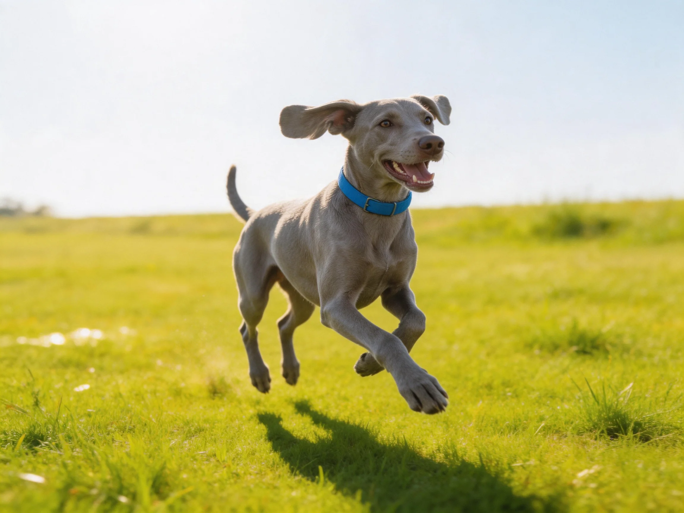 A gray dog leaps through a sunlit green meadow.
