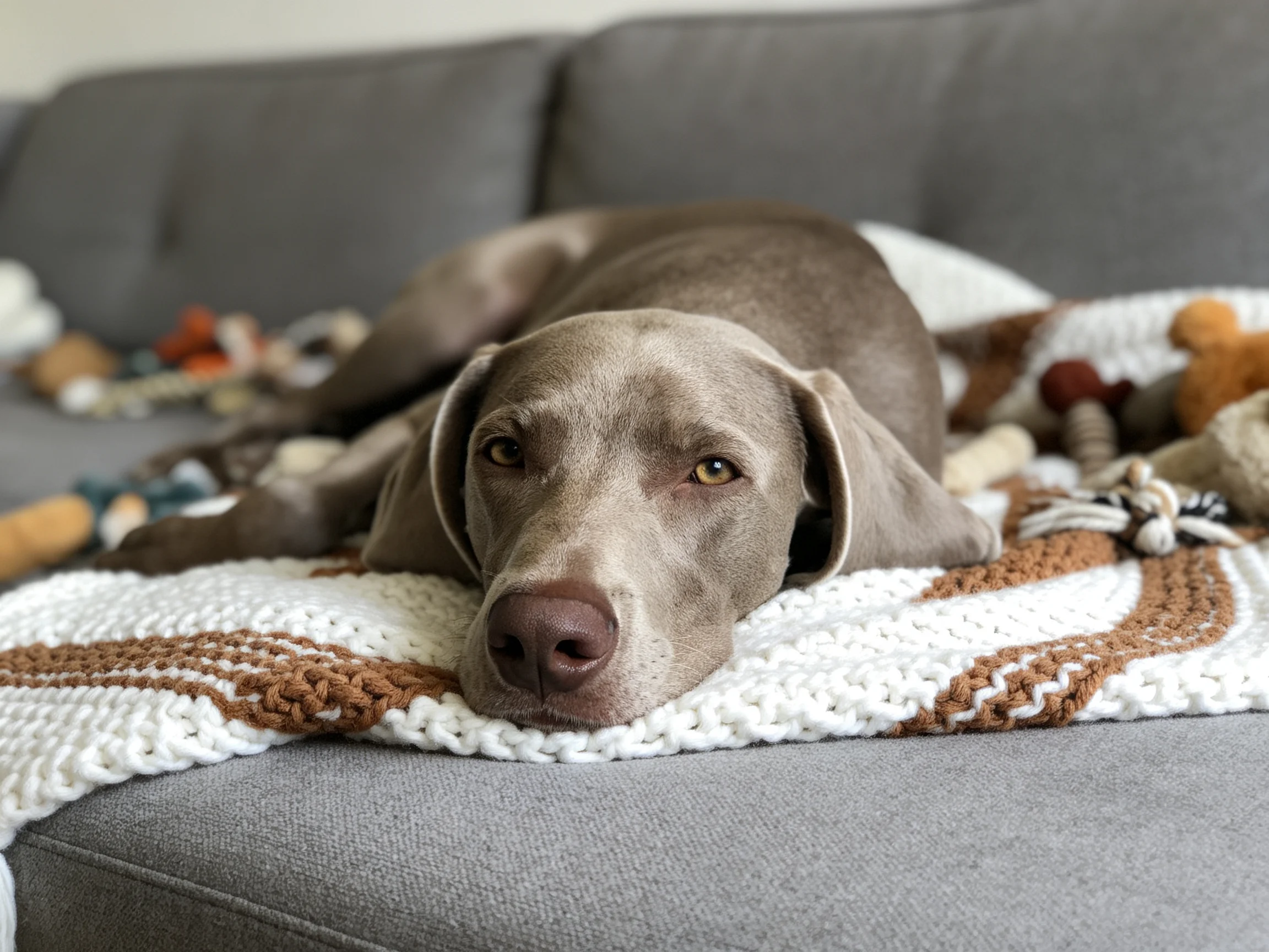 A gray dog relaxes on a crocheted blanket surrounded by toys.