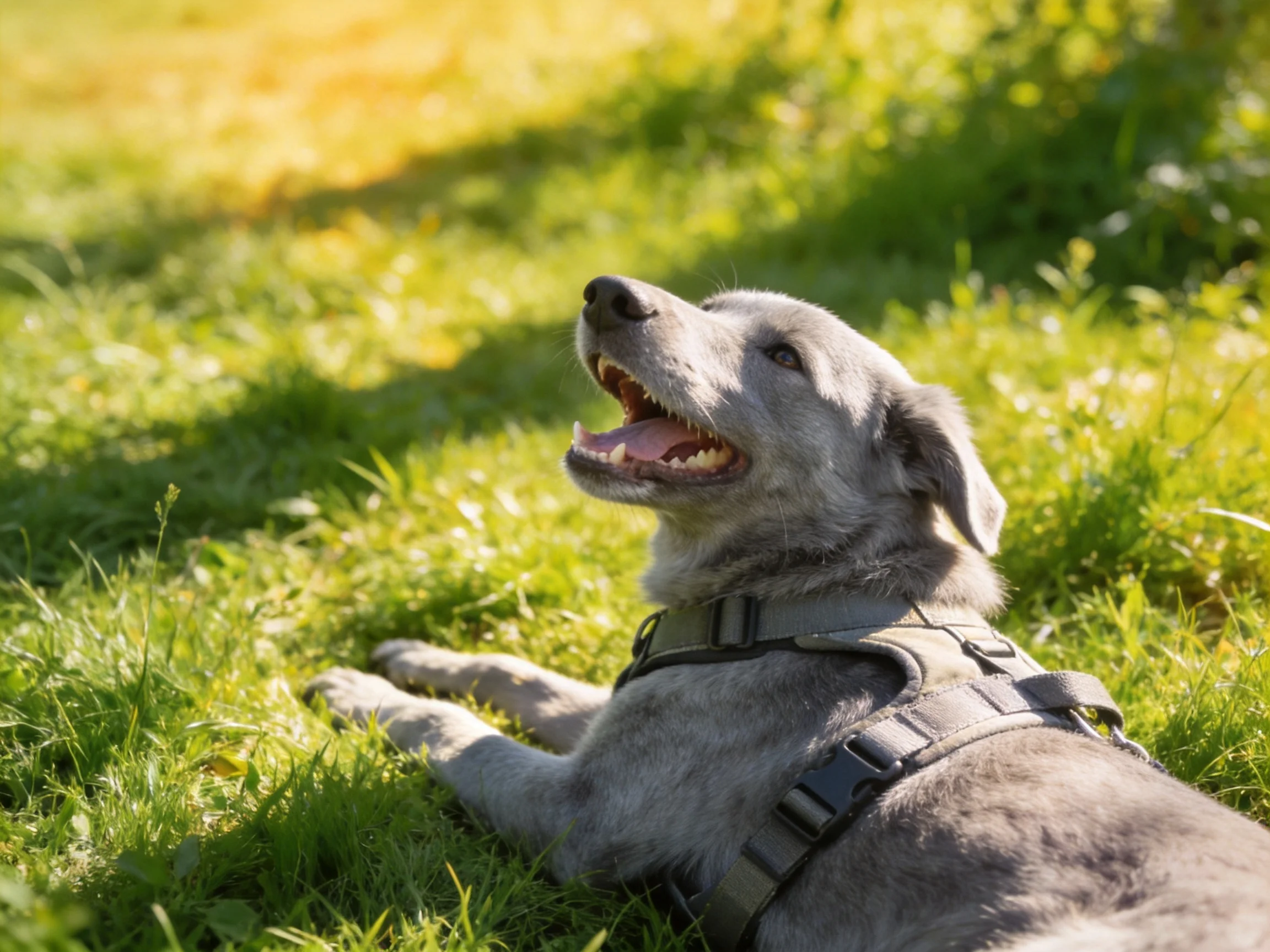 A gray dog rests on lush green grass in bright sunlight