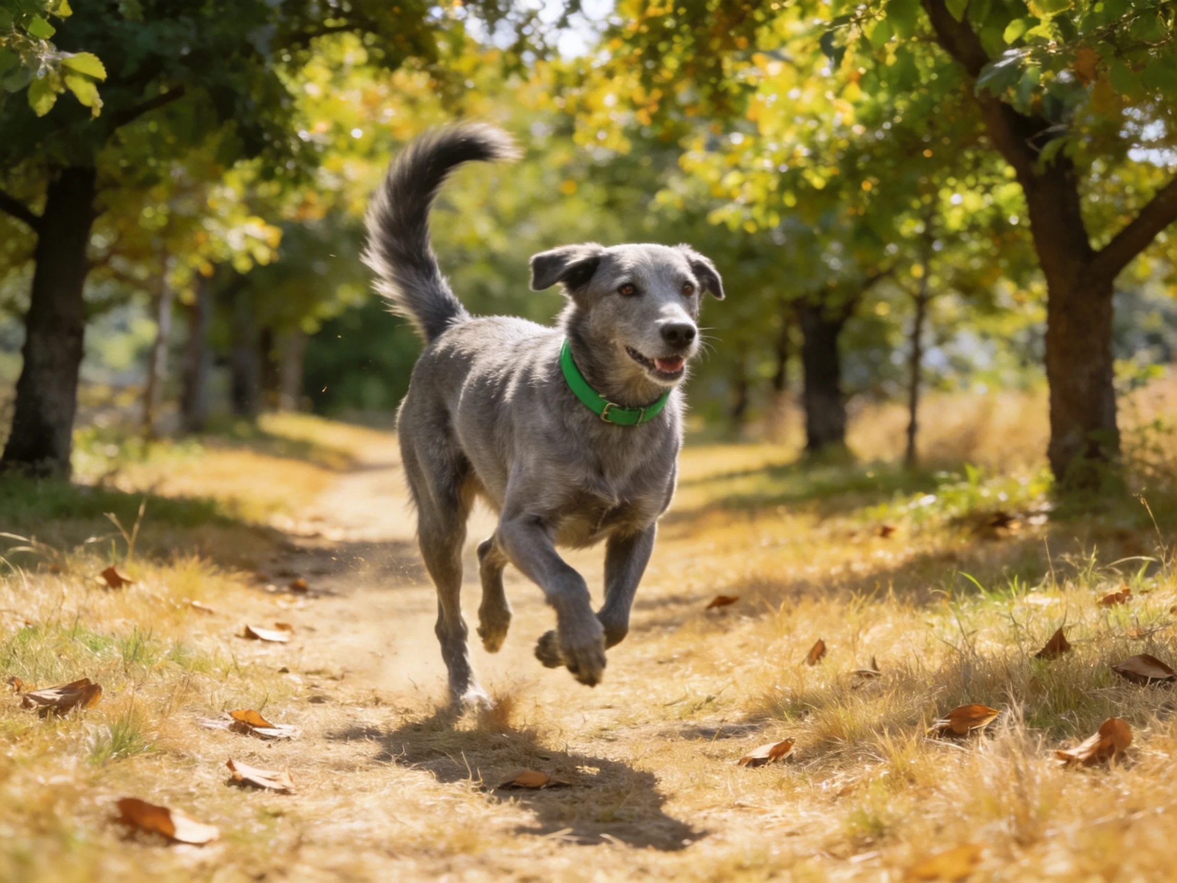 A gray dog dashes along a sunlit, leafy forest path.
