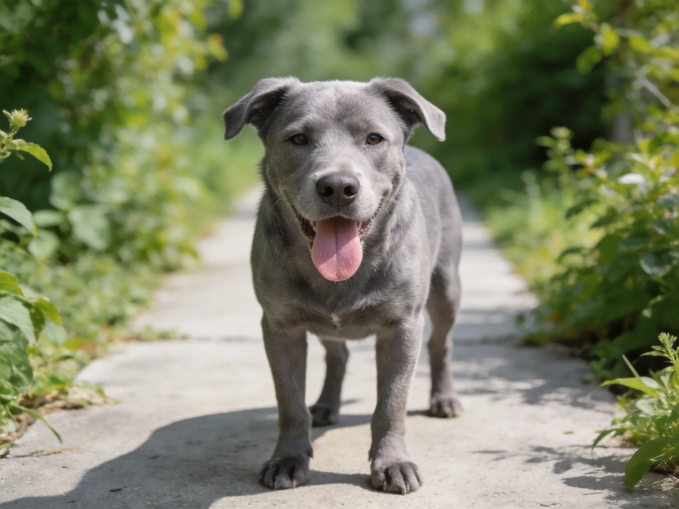 A gray dog stands happily on a sunlit concrete path amid green foliage.