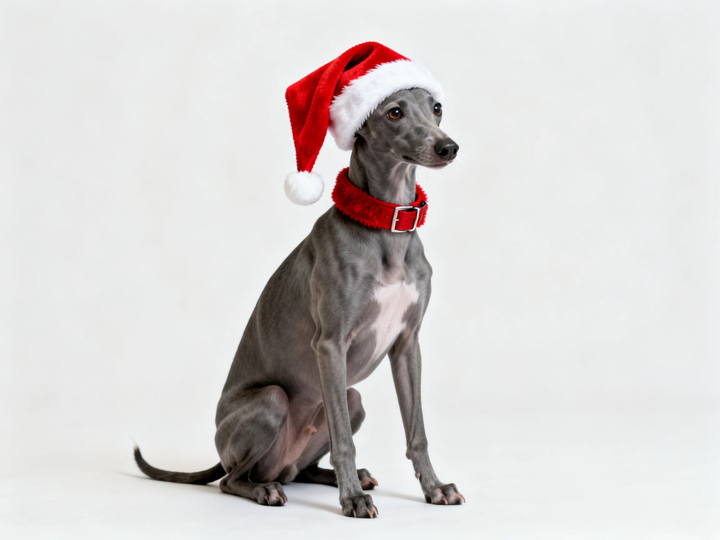 A gray dog sits calmly while wearing a festive Santa hat and collar.