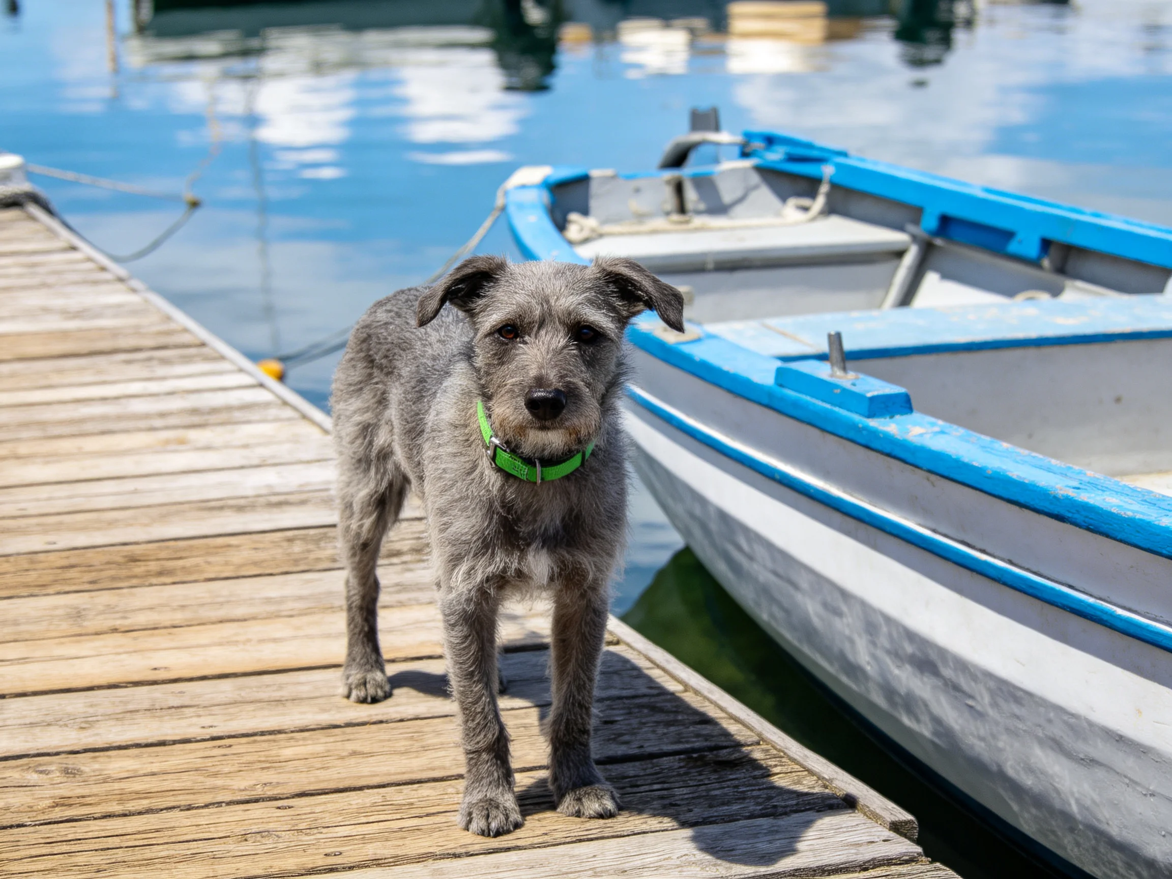A gray dog with a green collar is near a blue boat on a wooden dock.