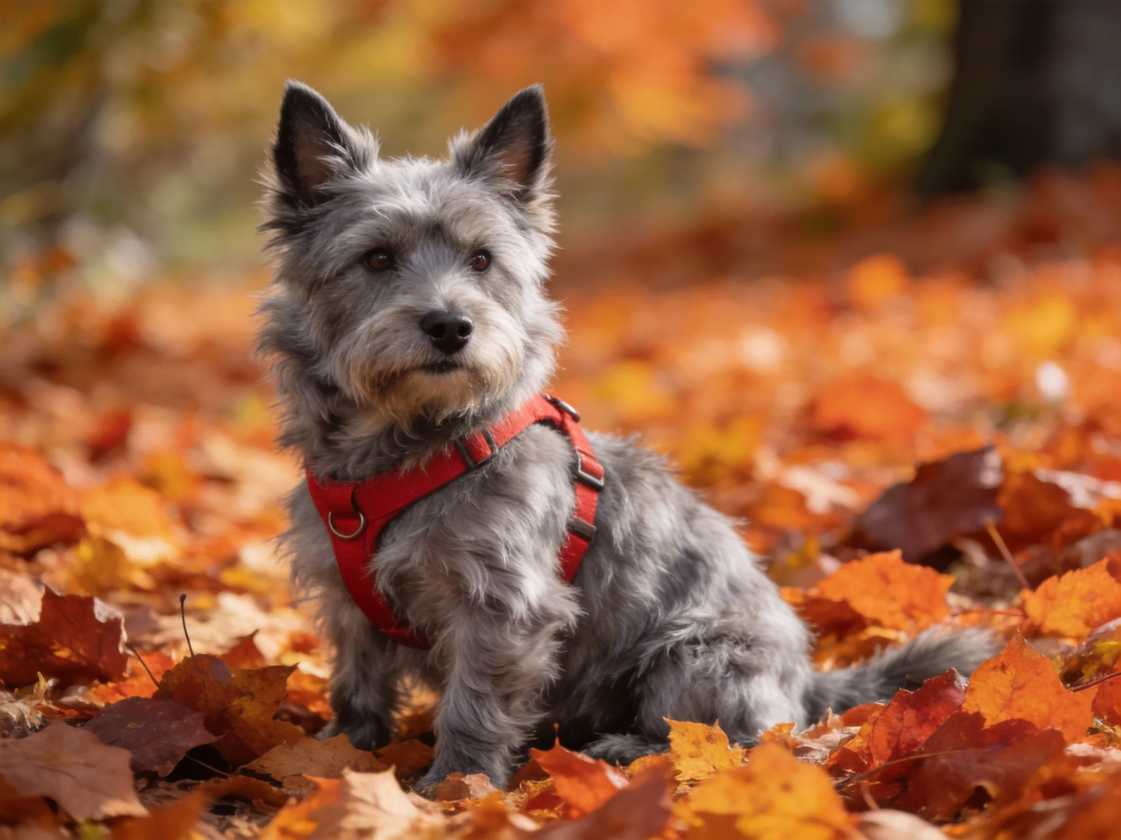 A gray dog with a red harness sits among vibrant autumn leaves