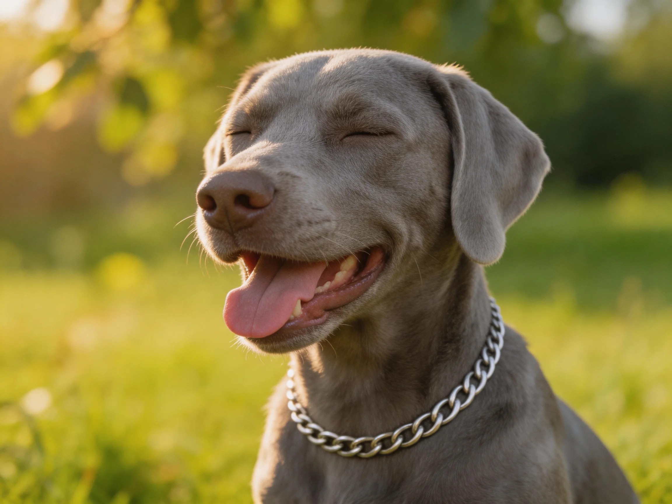 A gray dog with a silver chain collar enjoys a sunlit outdoor scene