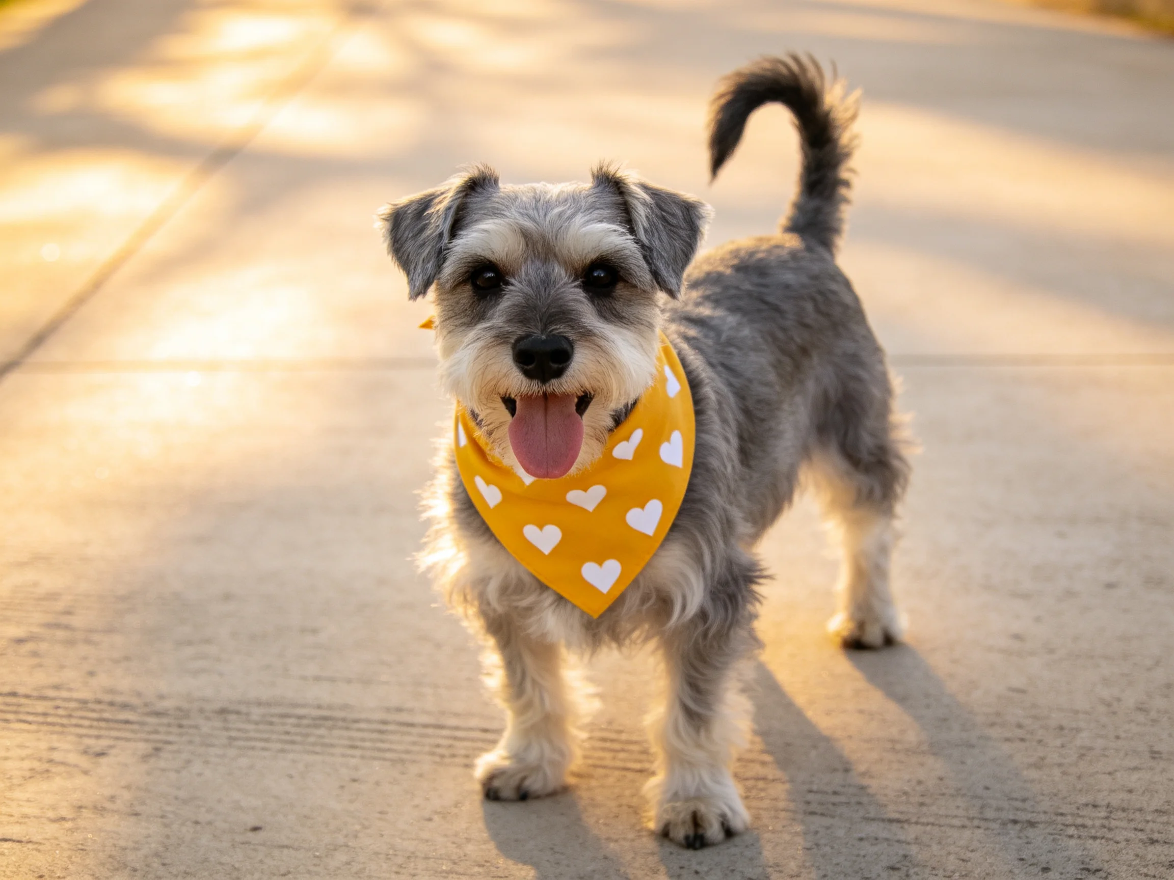 A small gray dog with a yellow heart bandana stands on sunlit pavement.