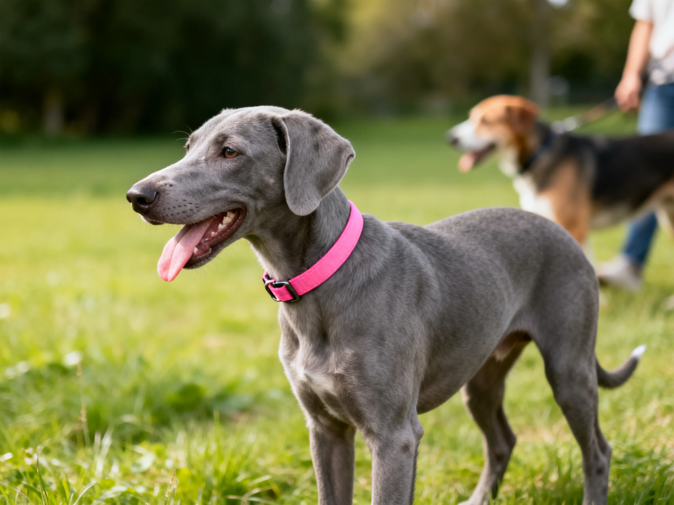 A gray dog with pink collar stands beside a brown-and-black beagle in a sunny park