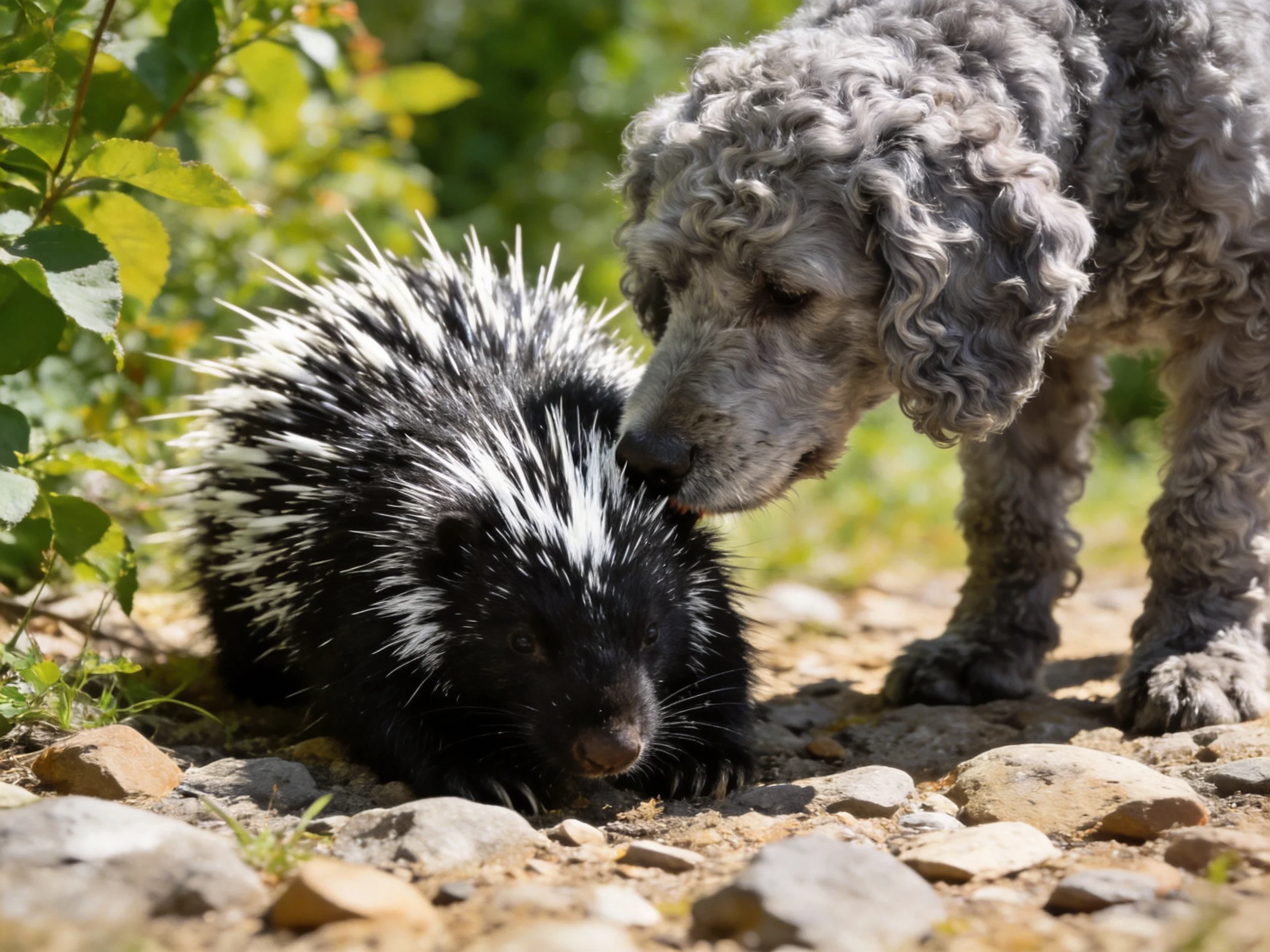 A gray poodle curiously sniffs a black-and-white porcupine outdoors
