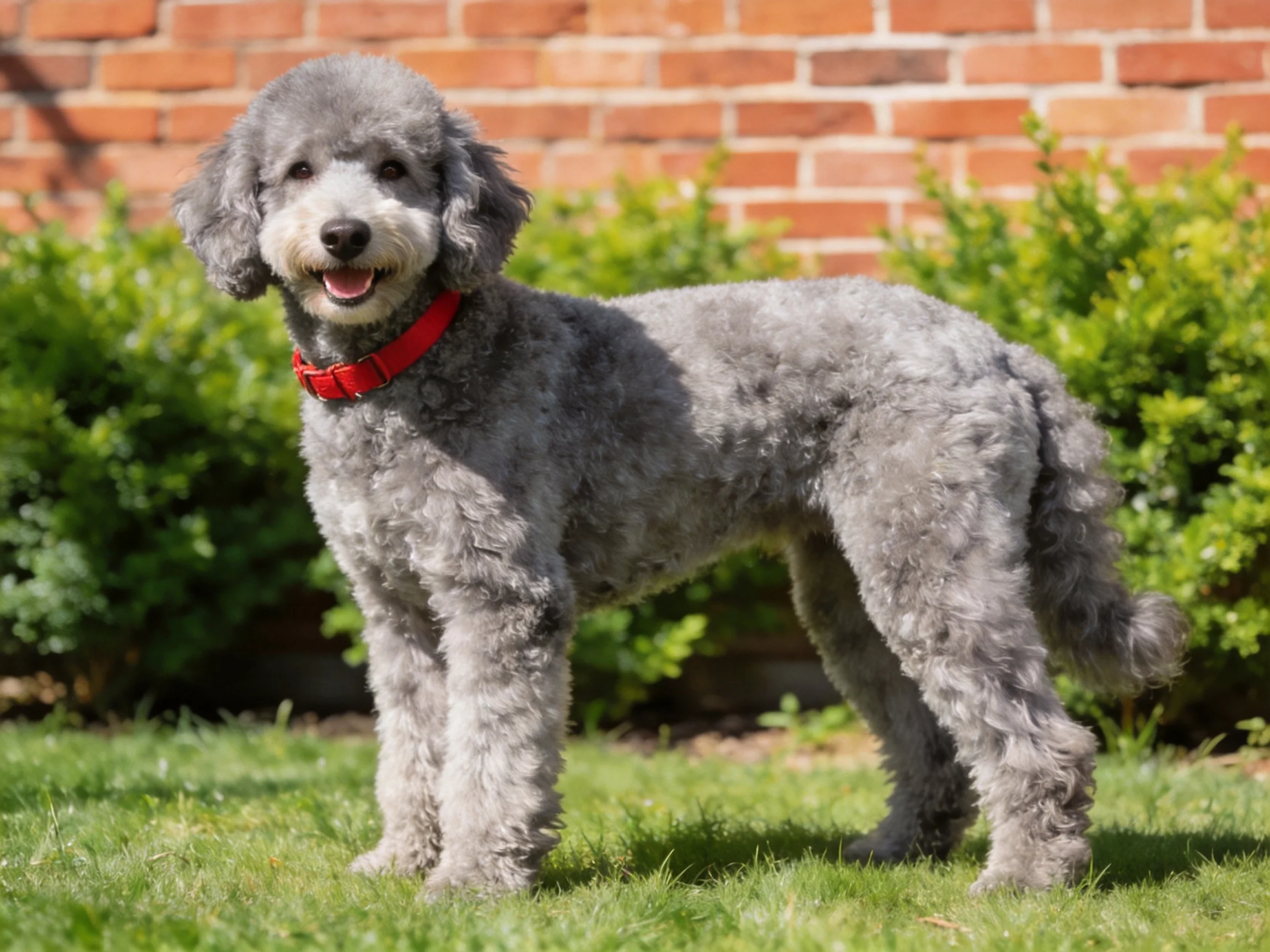 A gray poodle with a red collar stands on grass near bushes and a brick wall.