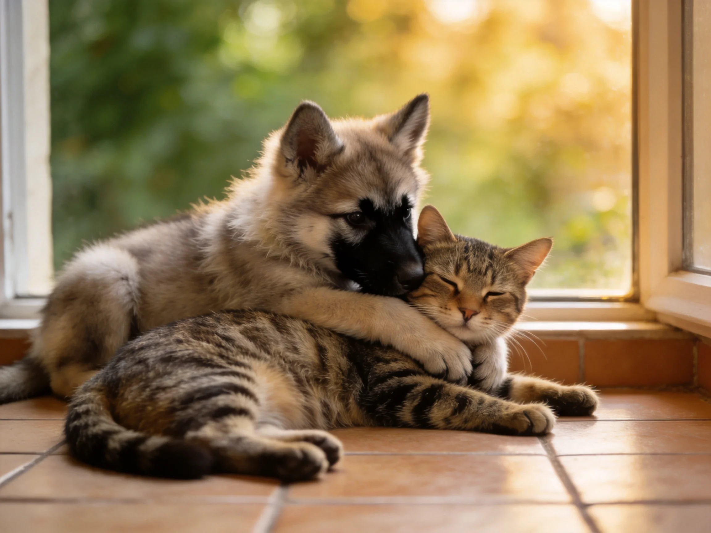 A gray puppy cuddles a tabby cat by a sunlit window