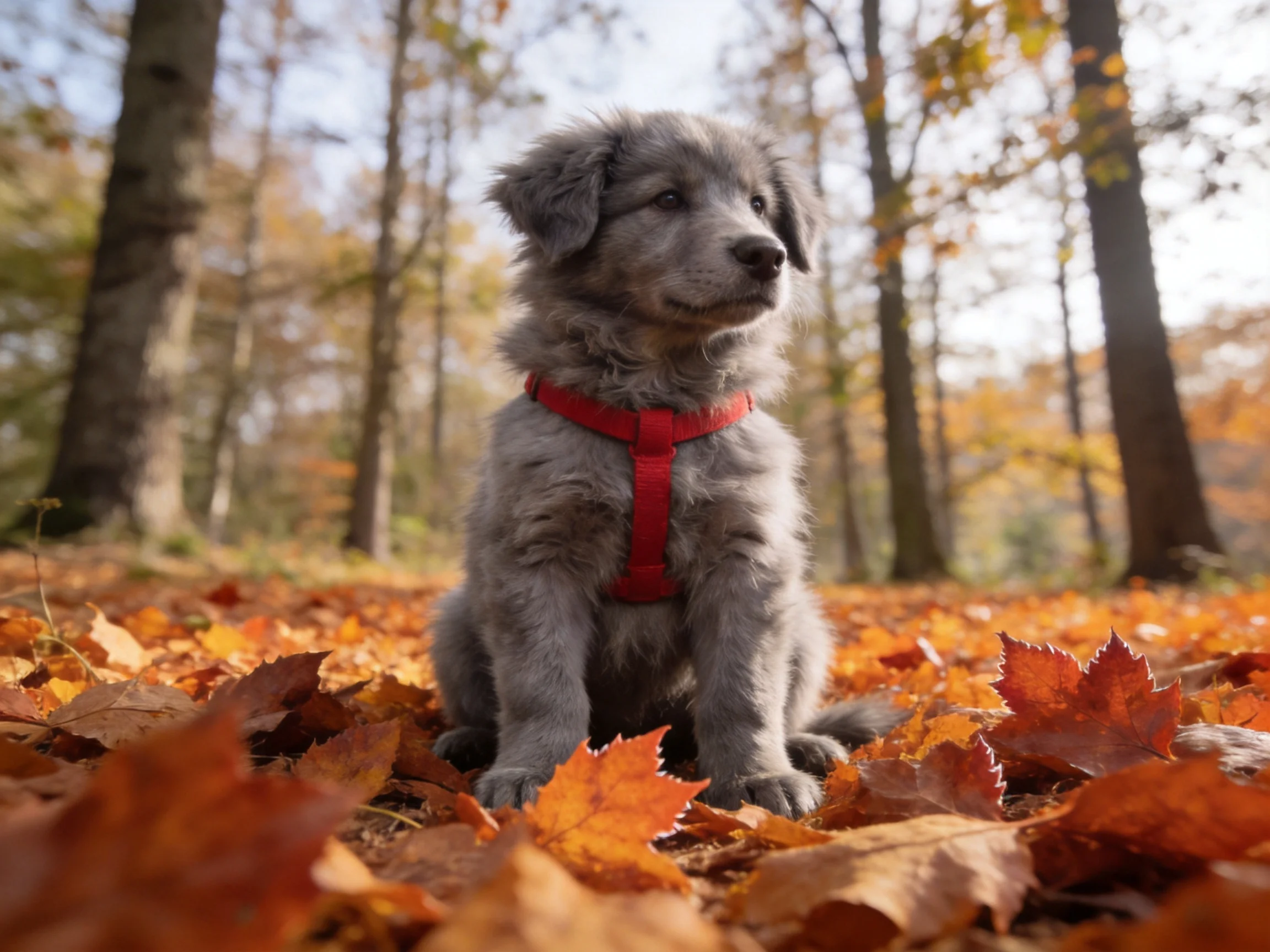 A gray puppy in a red harness sits among vibrant fall leaves