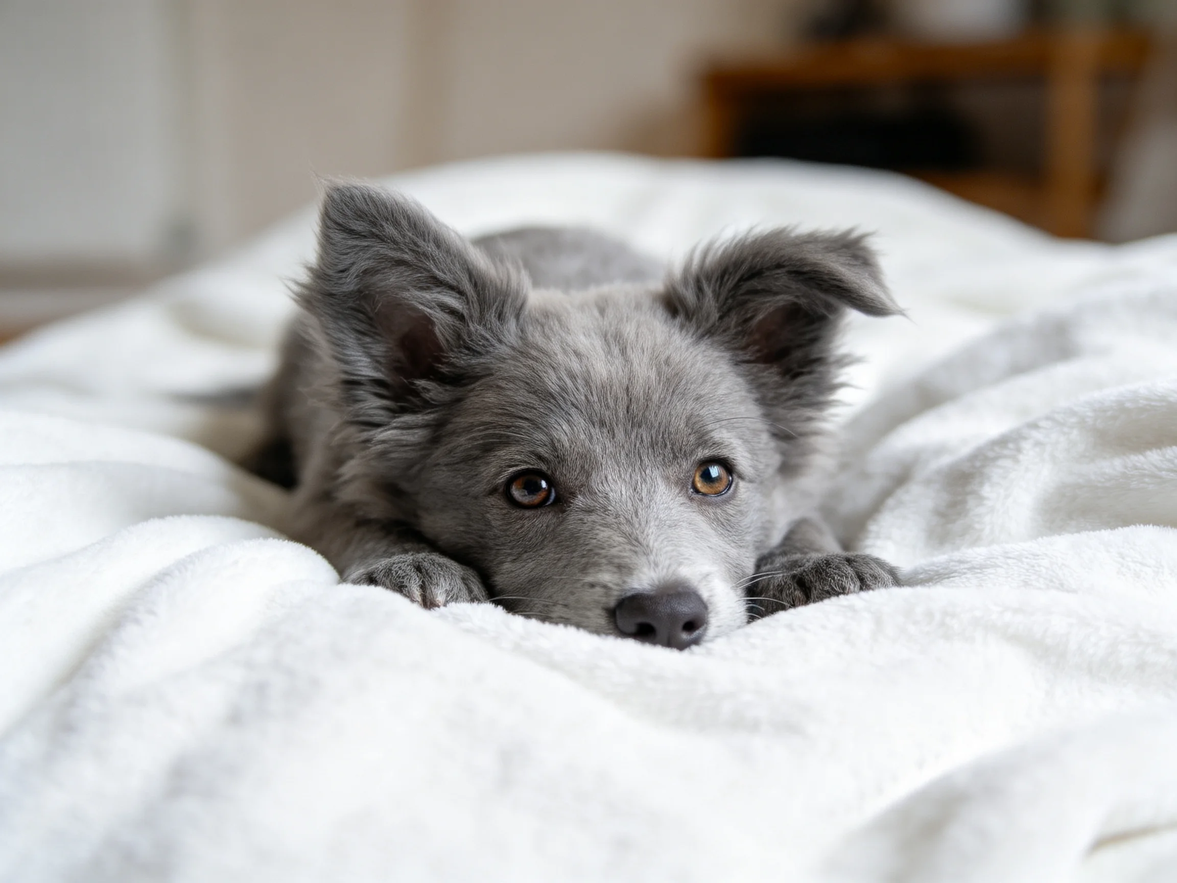 A gray puppy lies comfortably on a white blanket inside.