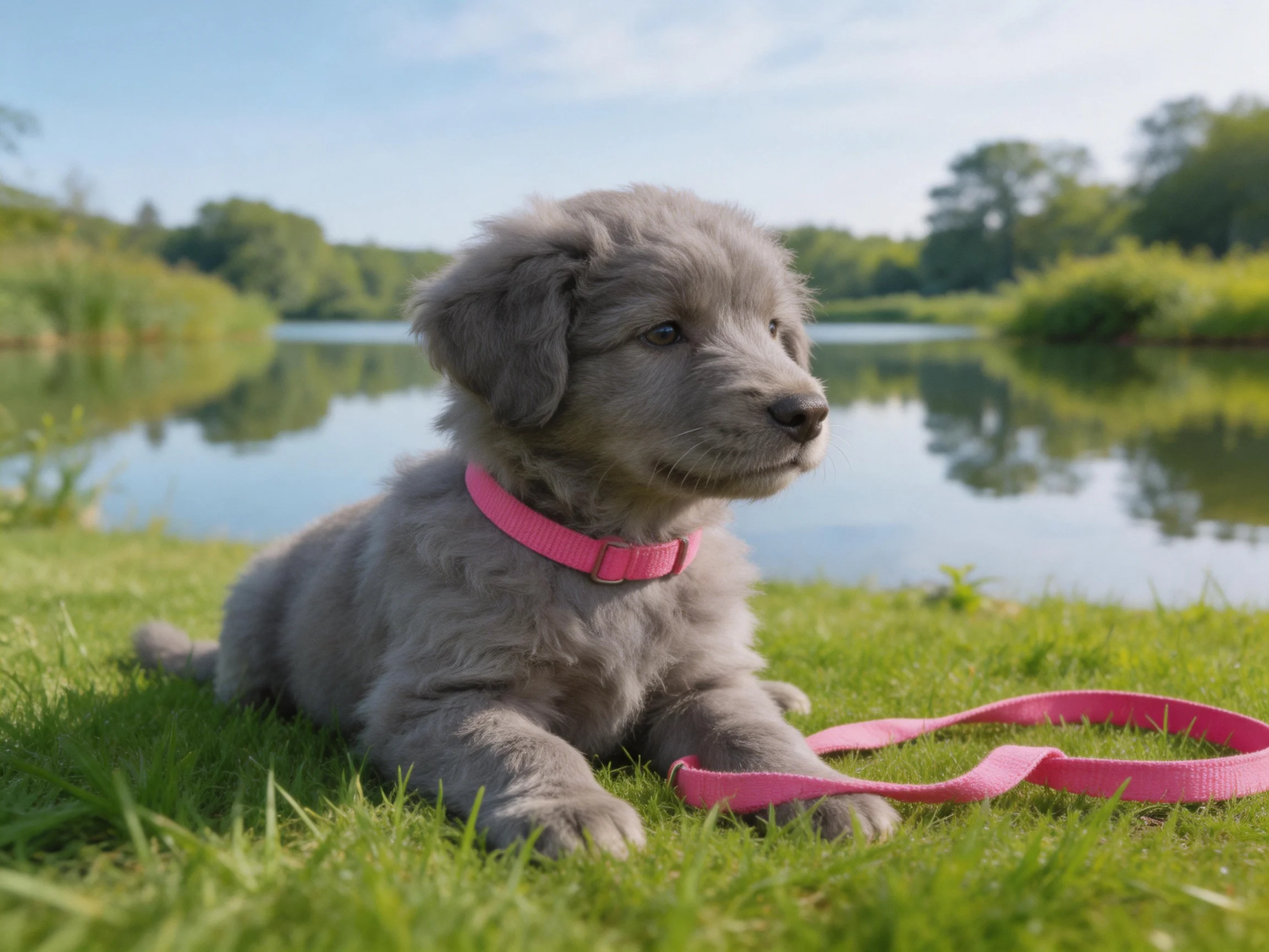 A gray puppy relaxes on grass near a calm lake with a pink leash.