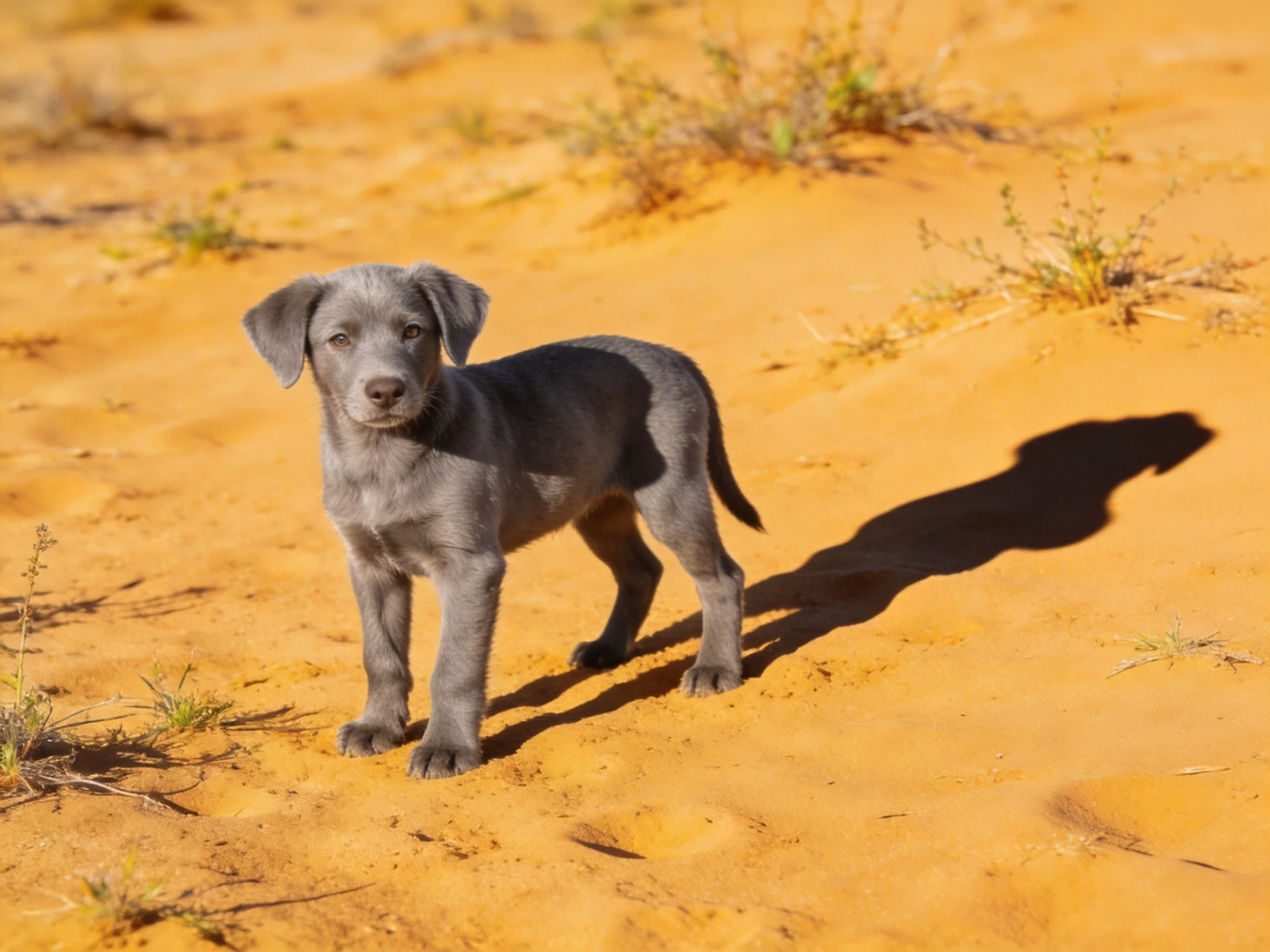 A gray puppy stands on golden sand among sparse desert plants