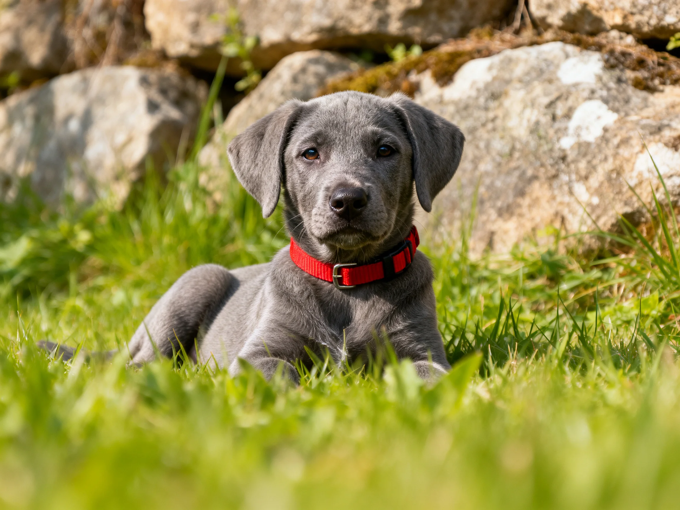 A gray puppy with a red collar rests in lush green grass near stones