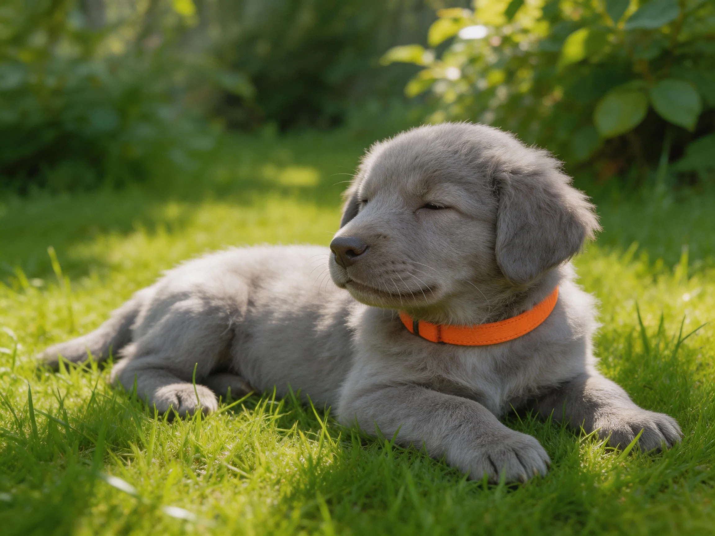 A gray puppy relaxes on green grass in a sunlit outdoor area.