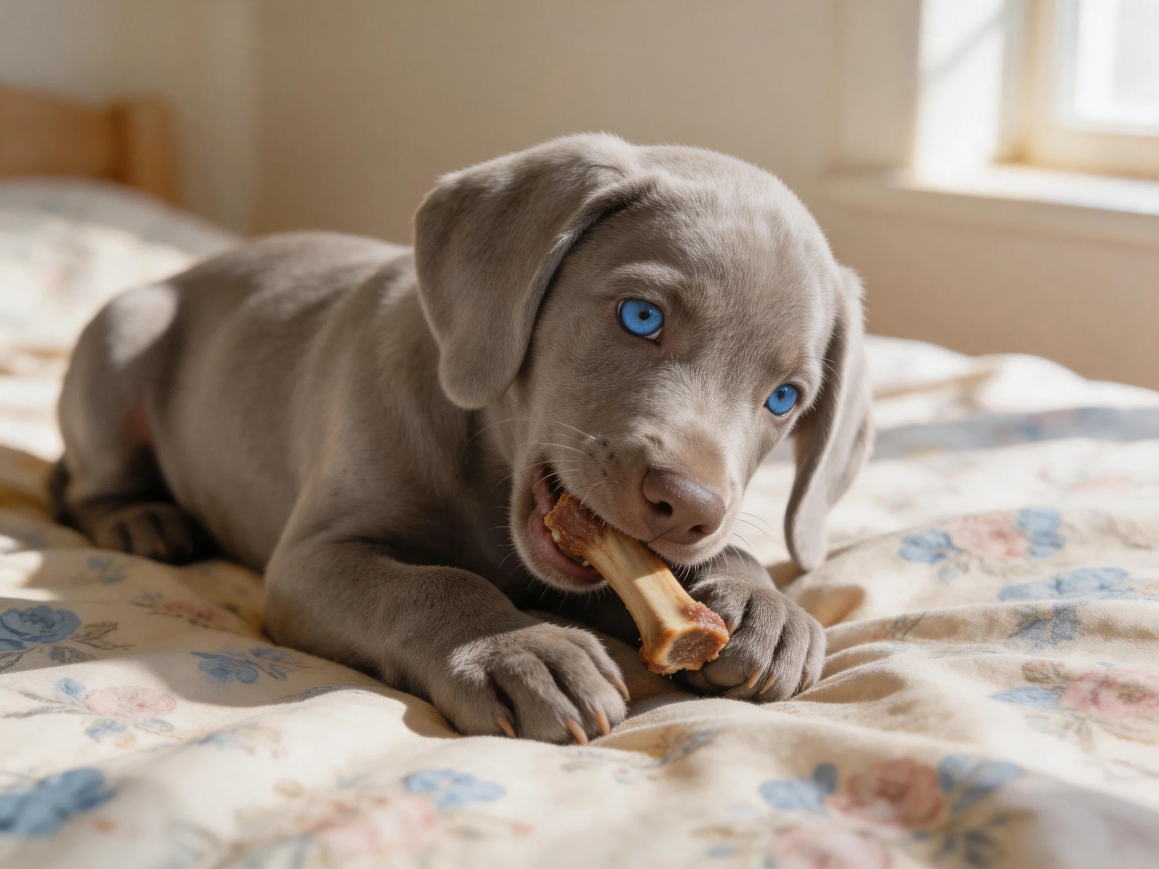 A gray puppy chews a bone while resting on a floral bedspread.