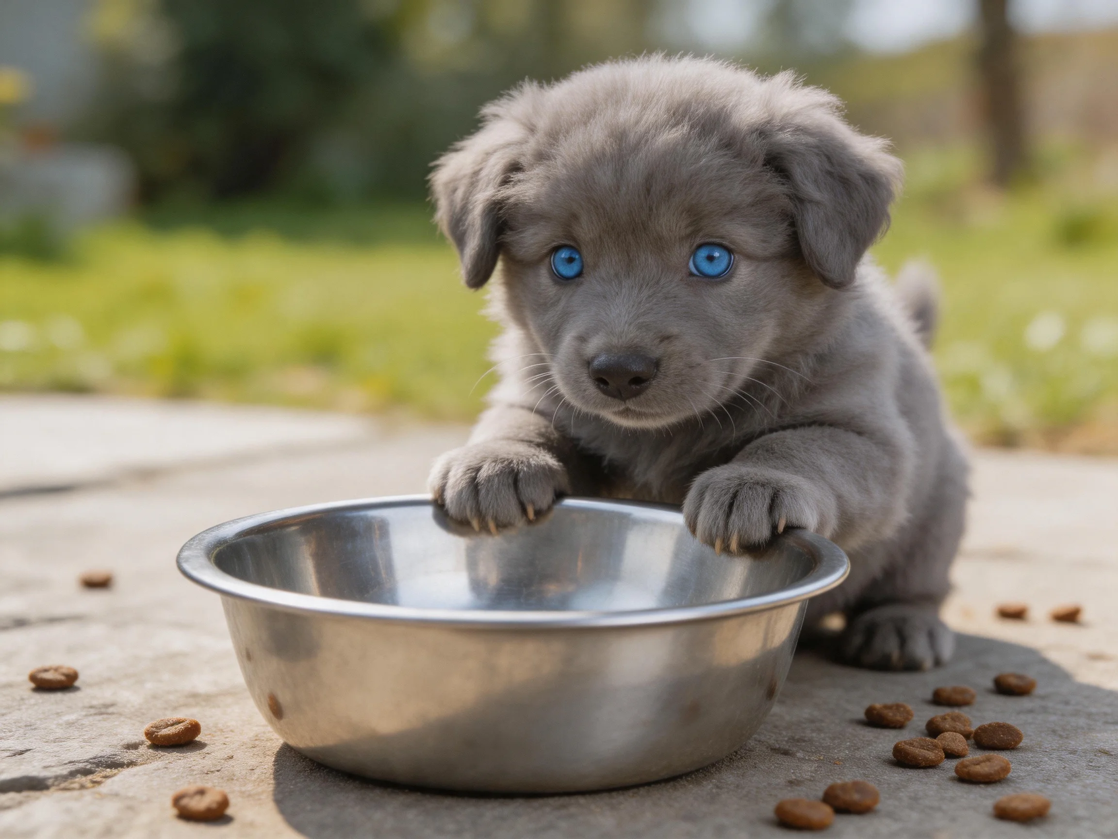 A gray puppy with blue eyes interacts with a metal bowl of dog food outdoors.