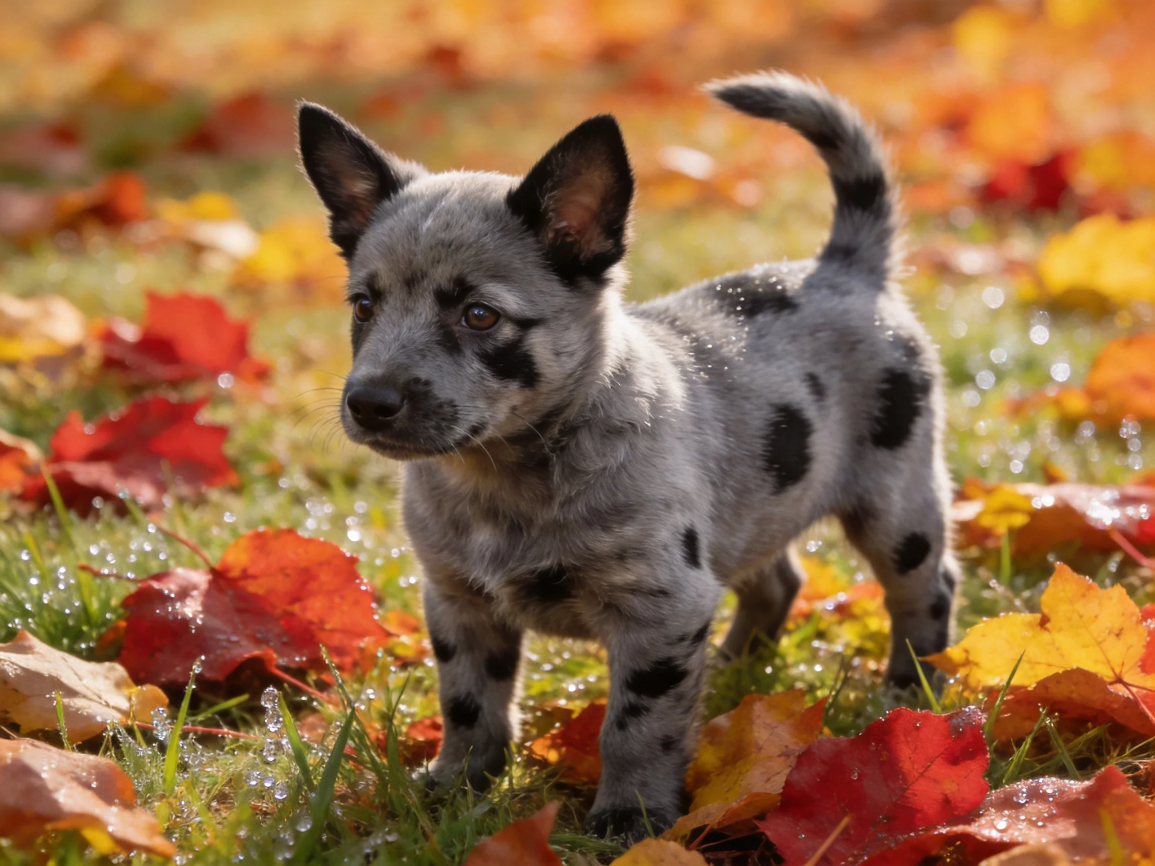 A gray-spotted puppy amid colorful autumn leaves