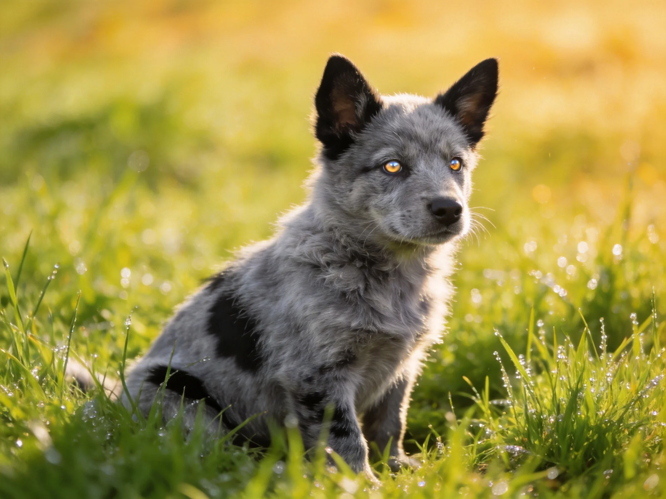A gray-spotted puppy sits in dewy green grass under golden sunlight