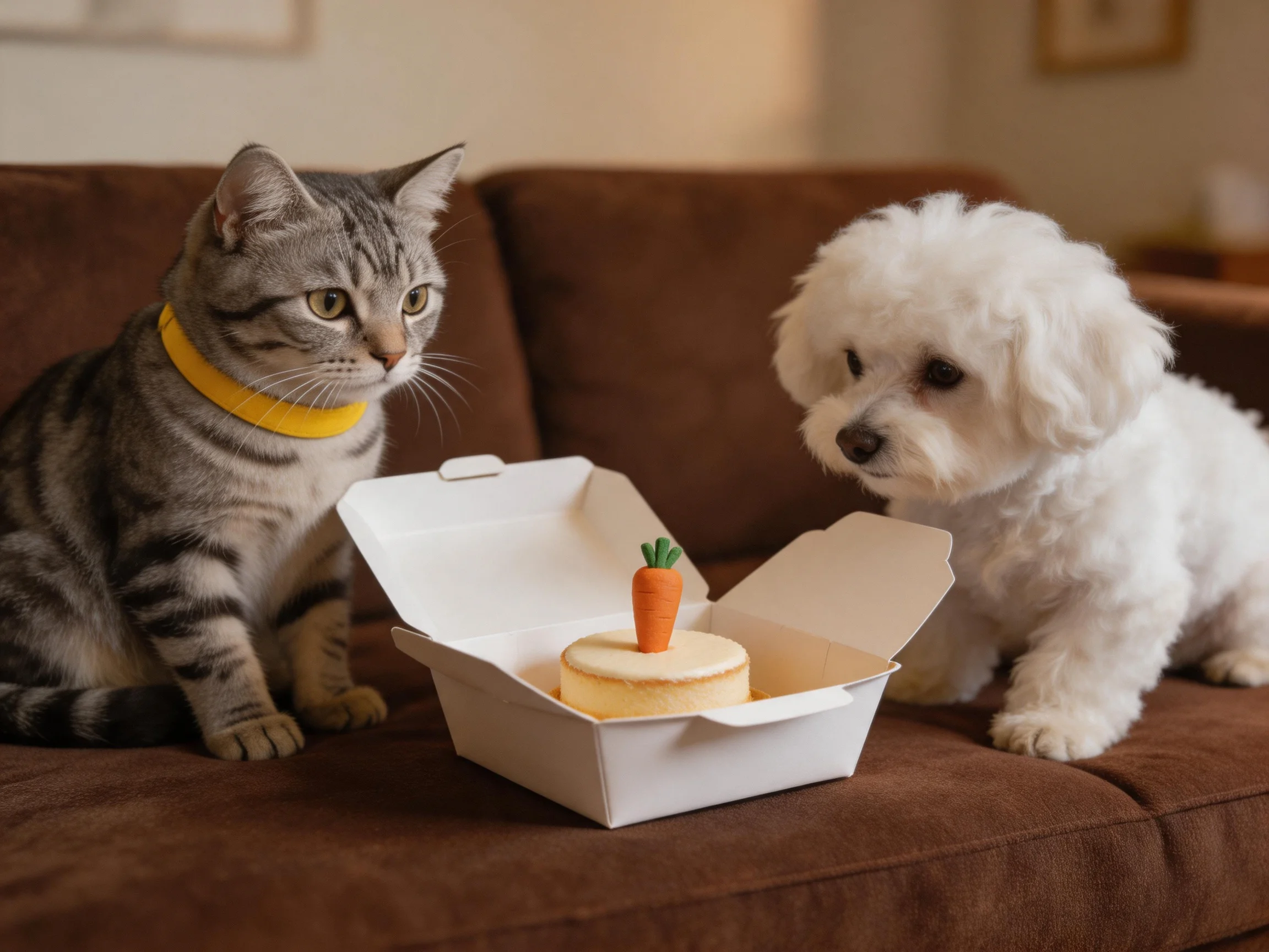 A gray tabby cat and white dog look at a small cake with a carrot topper on a brown couch