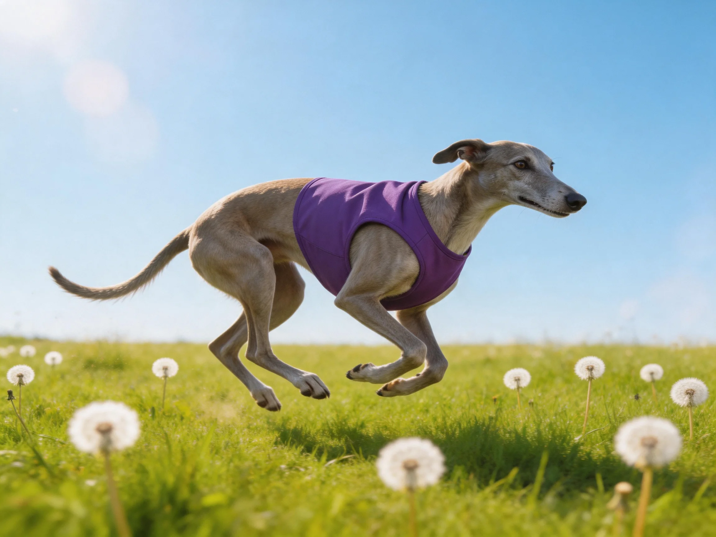 A gray whippet in a purple vest leaps over dandelions in a sunny meadow